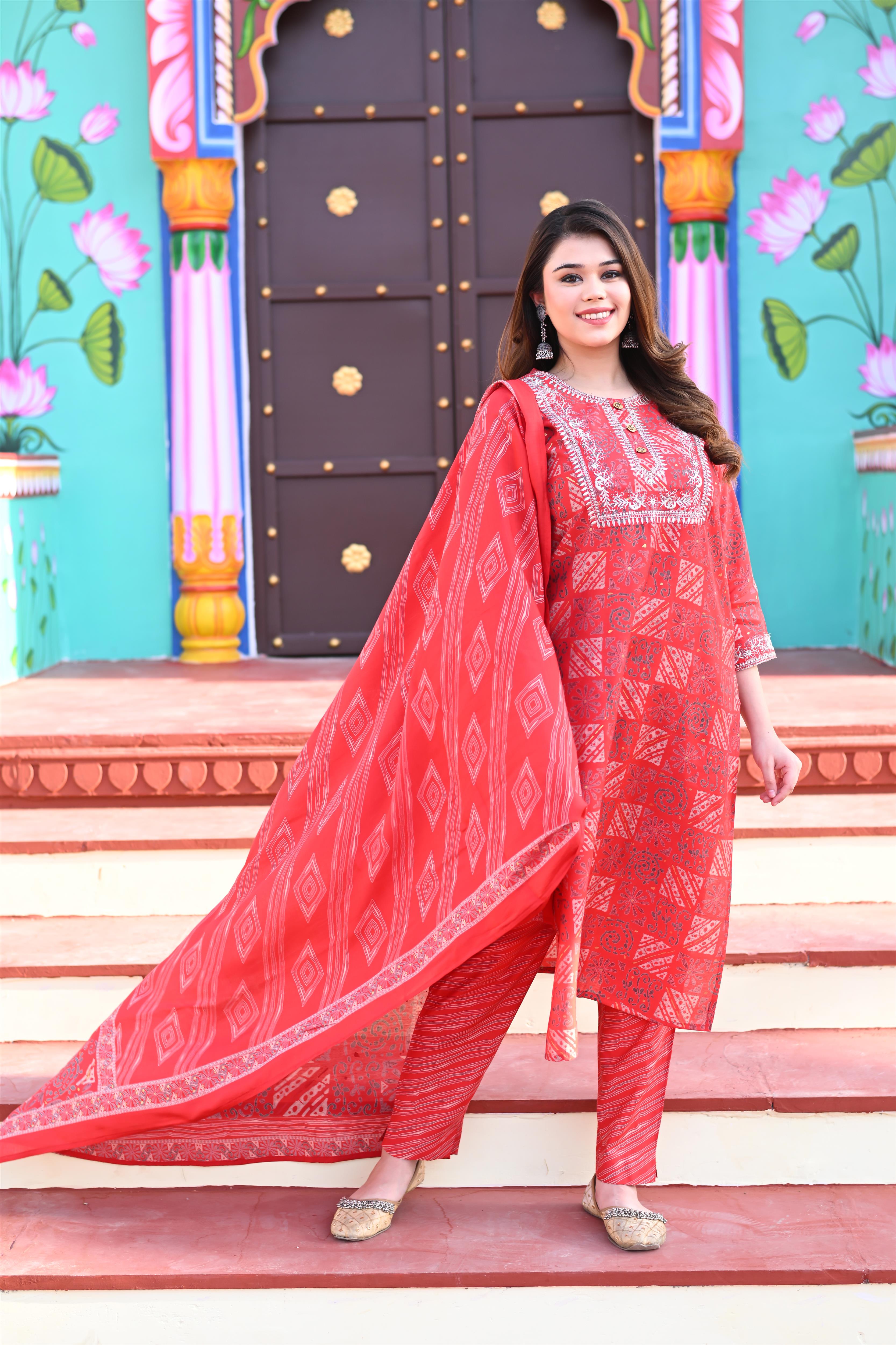 Red Muslin Golden Embroidered Kurta-Pant with Dupatta