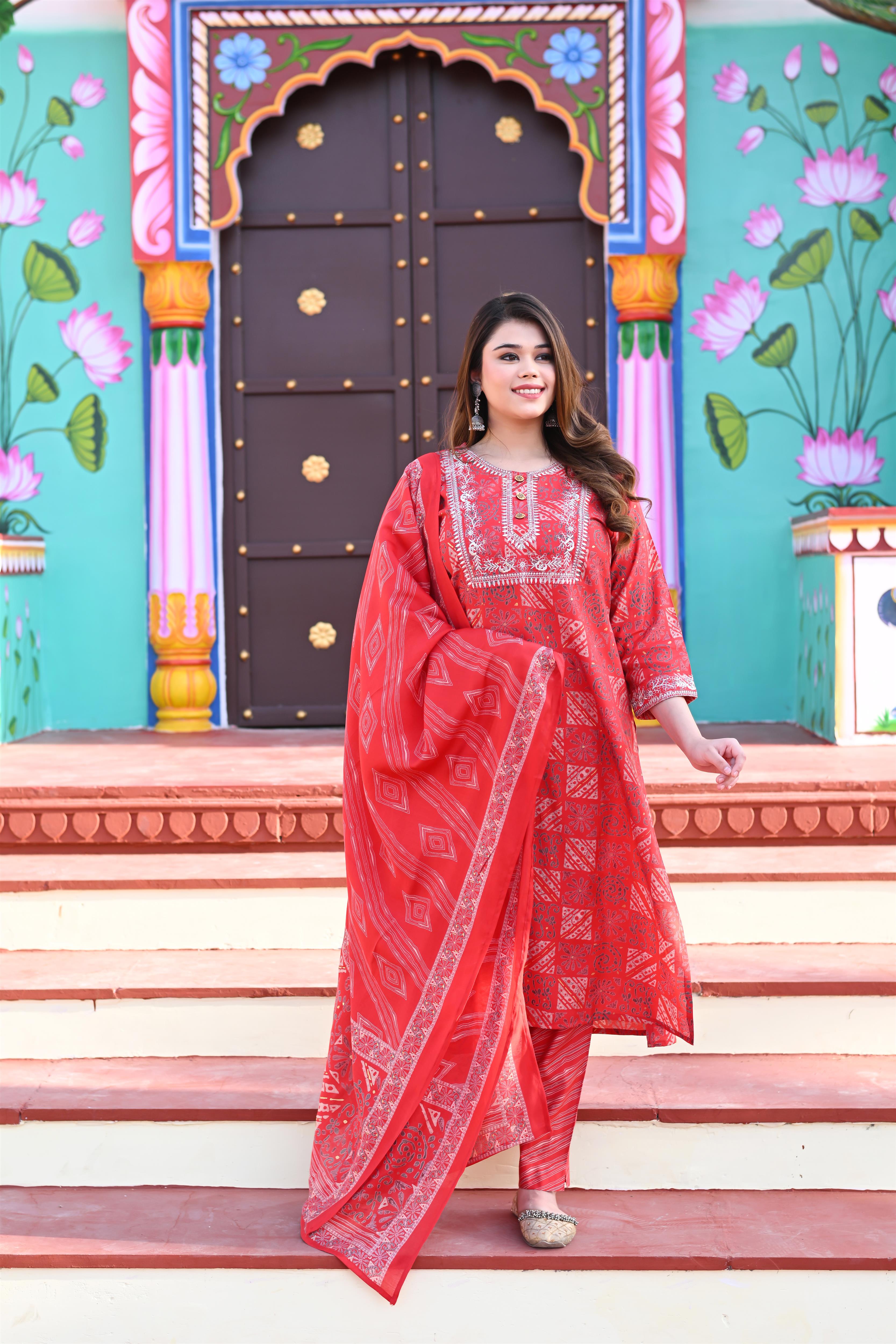 Red Muslin Golden Embroidered Kurta-Pant with Dupatta