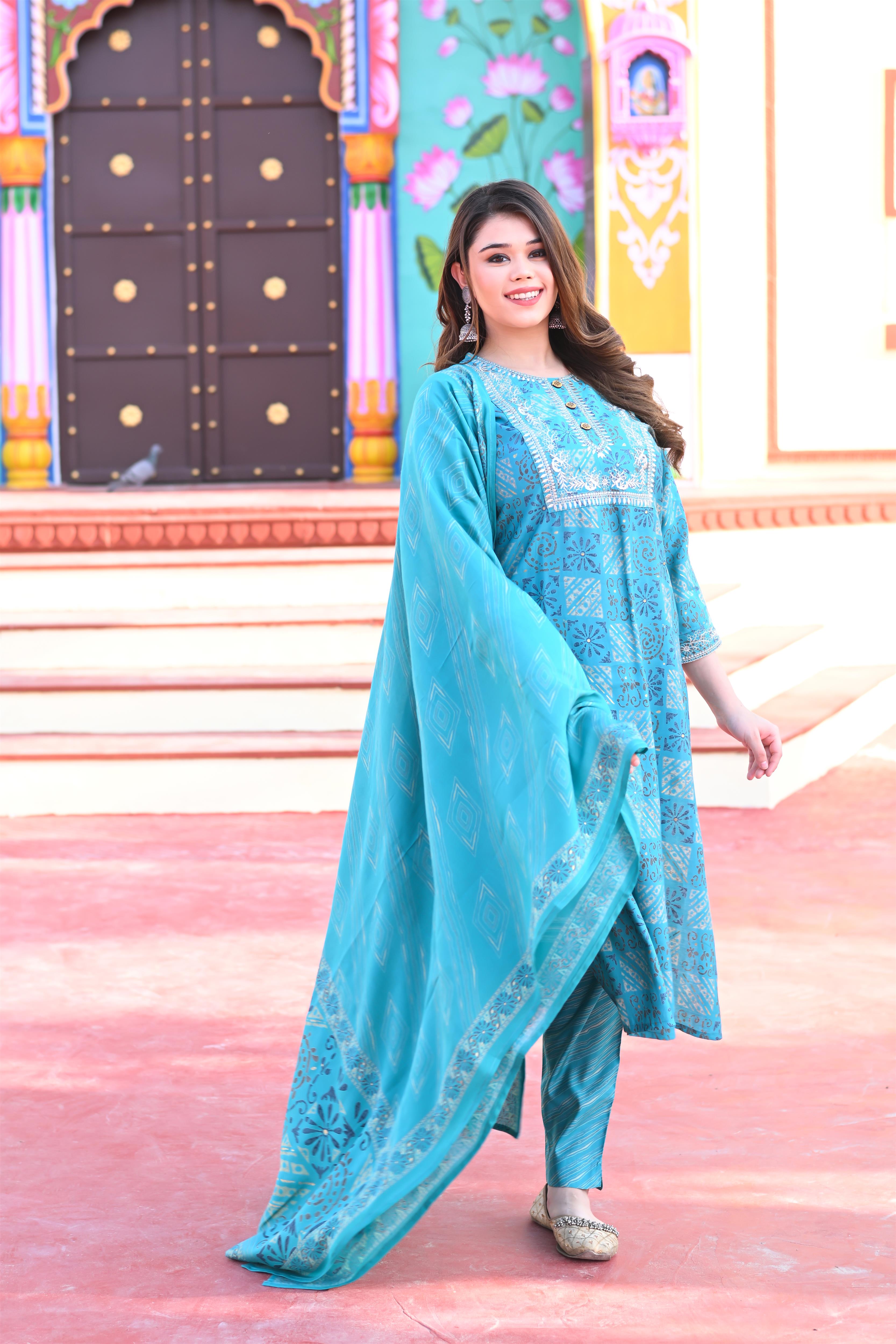 Plus Size Ferozi Muslin Golden Embroidered Kurta-Pant with Dupatta