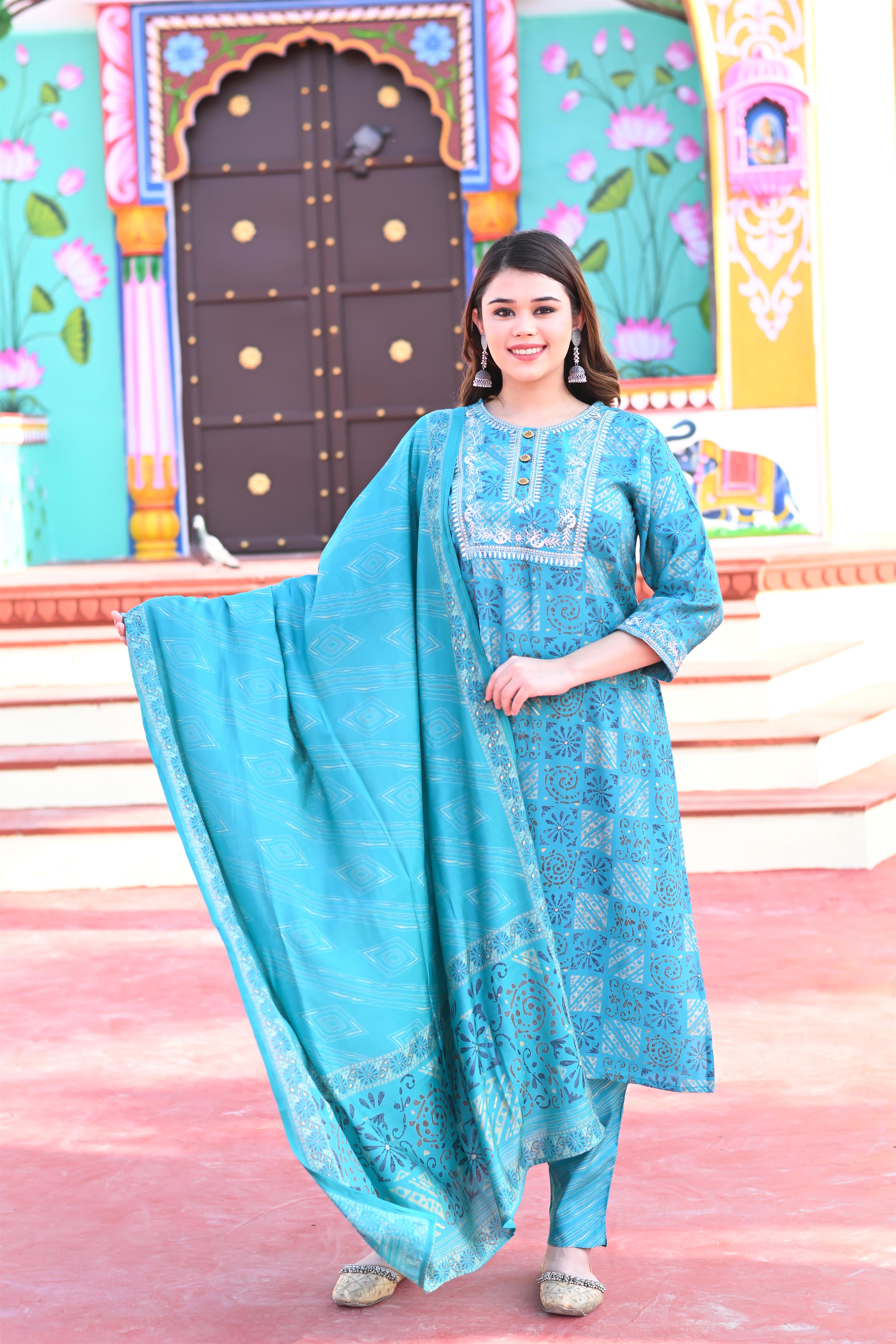 Plus Size Ferozi Muslin Golden Embroidered Kurta-Pant with Dupatta