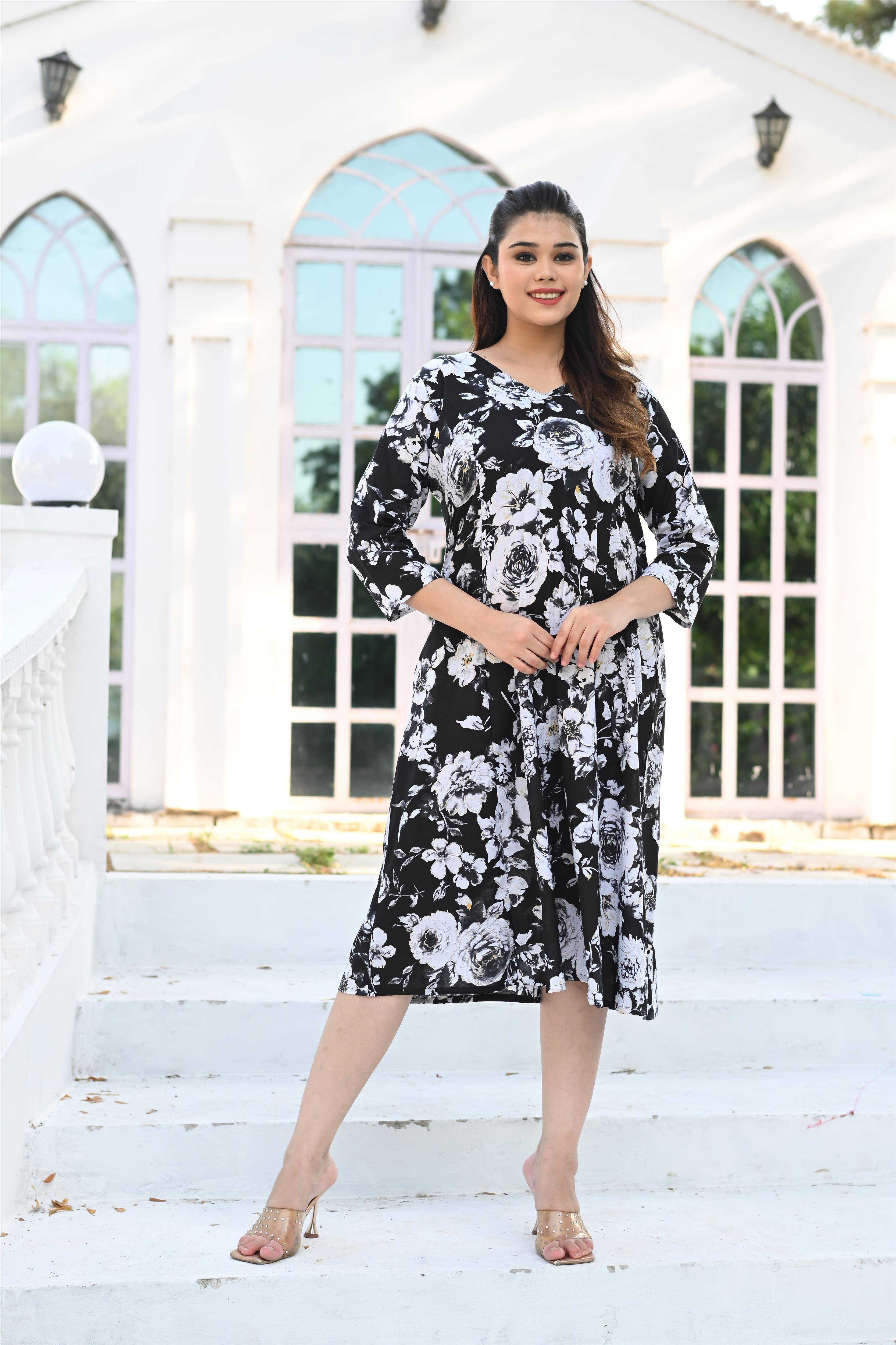 Plus Size Black & White Floral Printed Cotton Dress