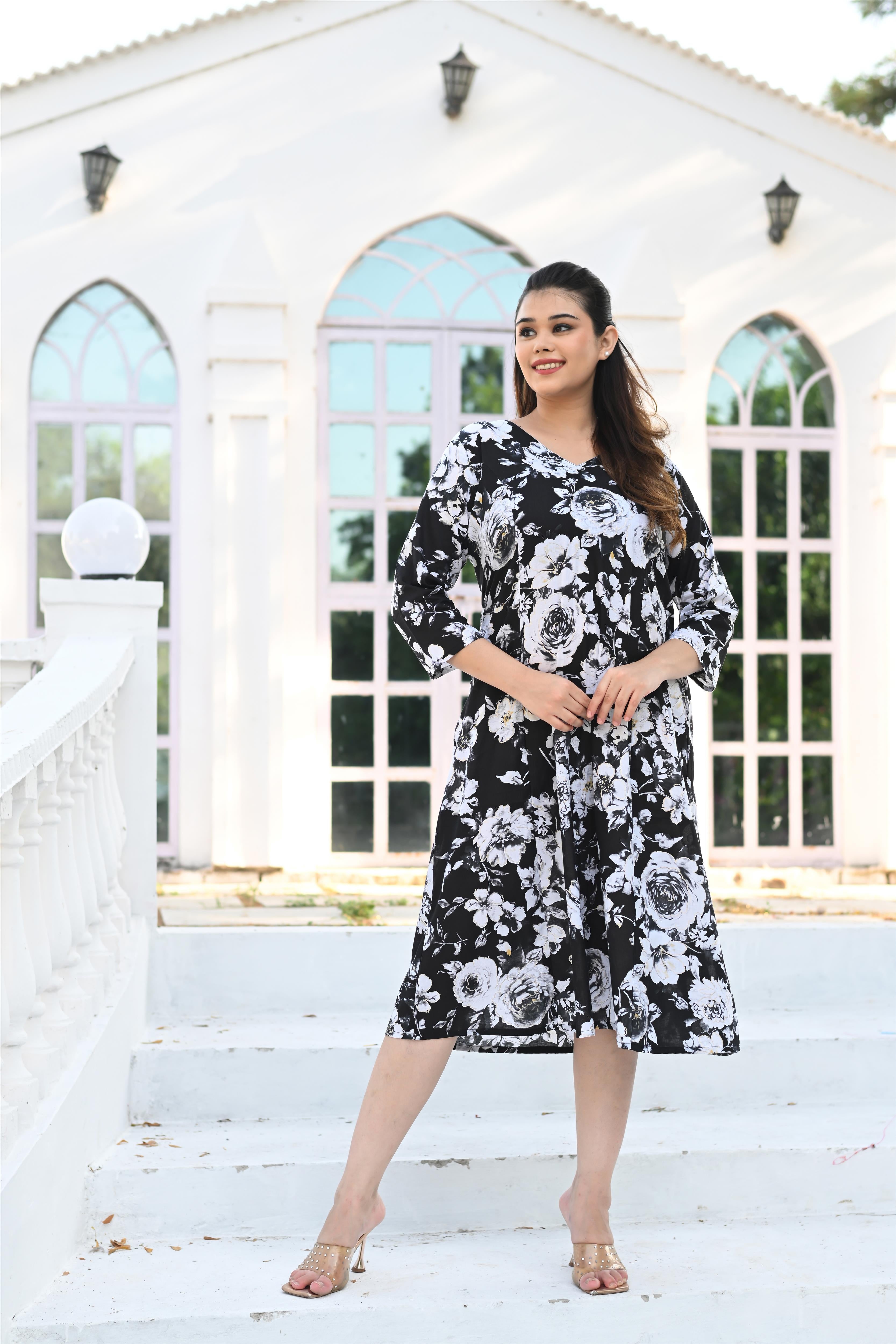 Plus Size Black & White Floral Printed Cotton Dress
