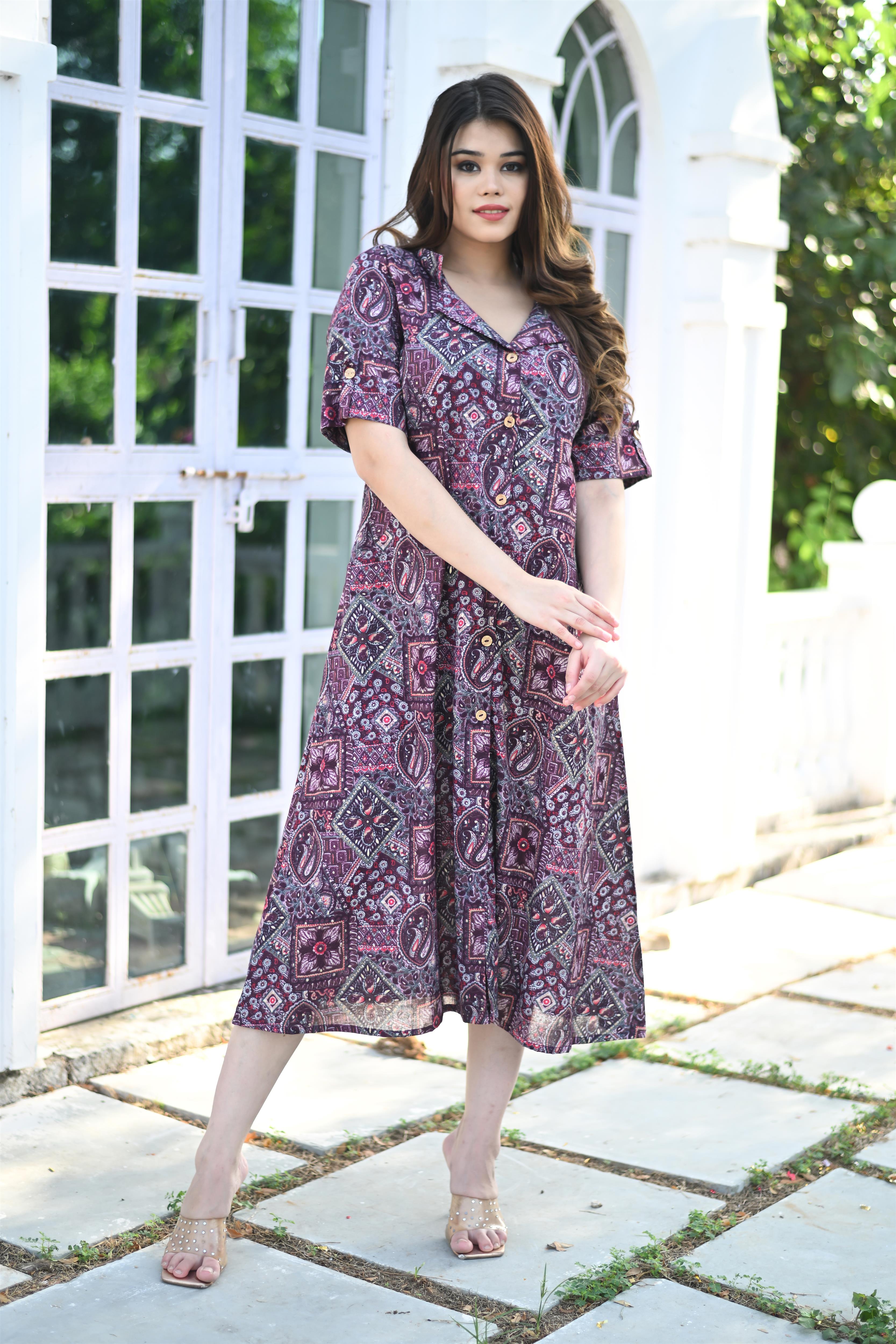 Wine Multicolored Collared Dress