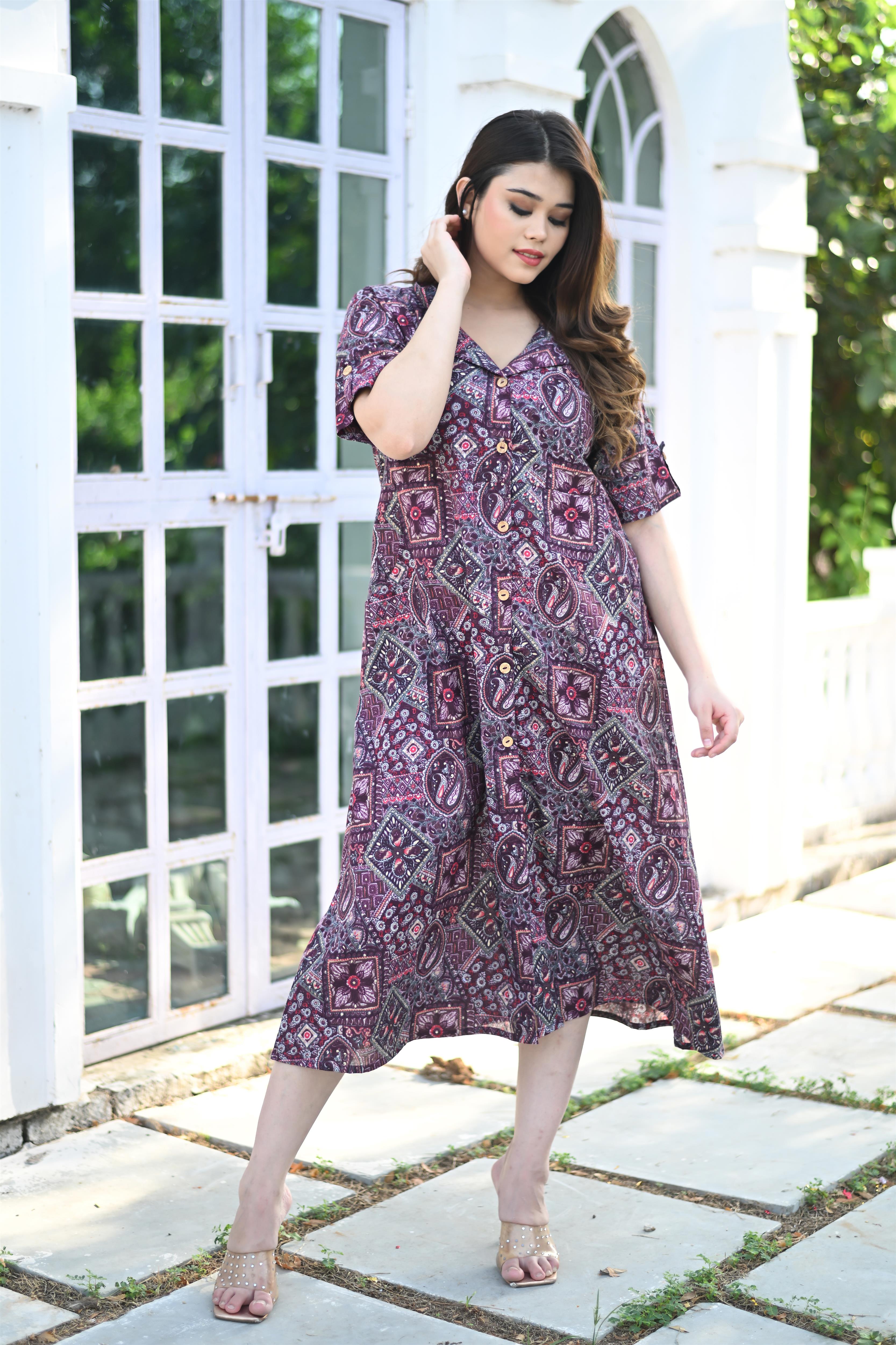 Wine Multicolored Collared Dress