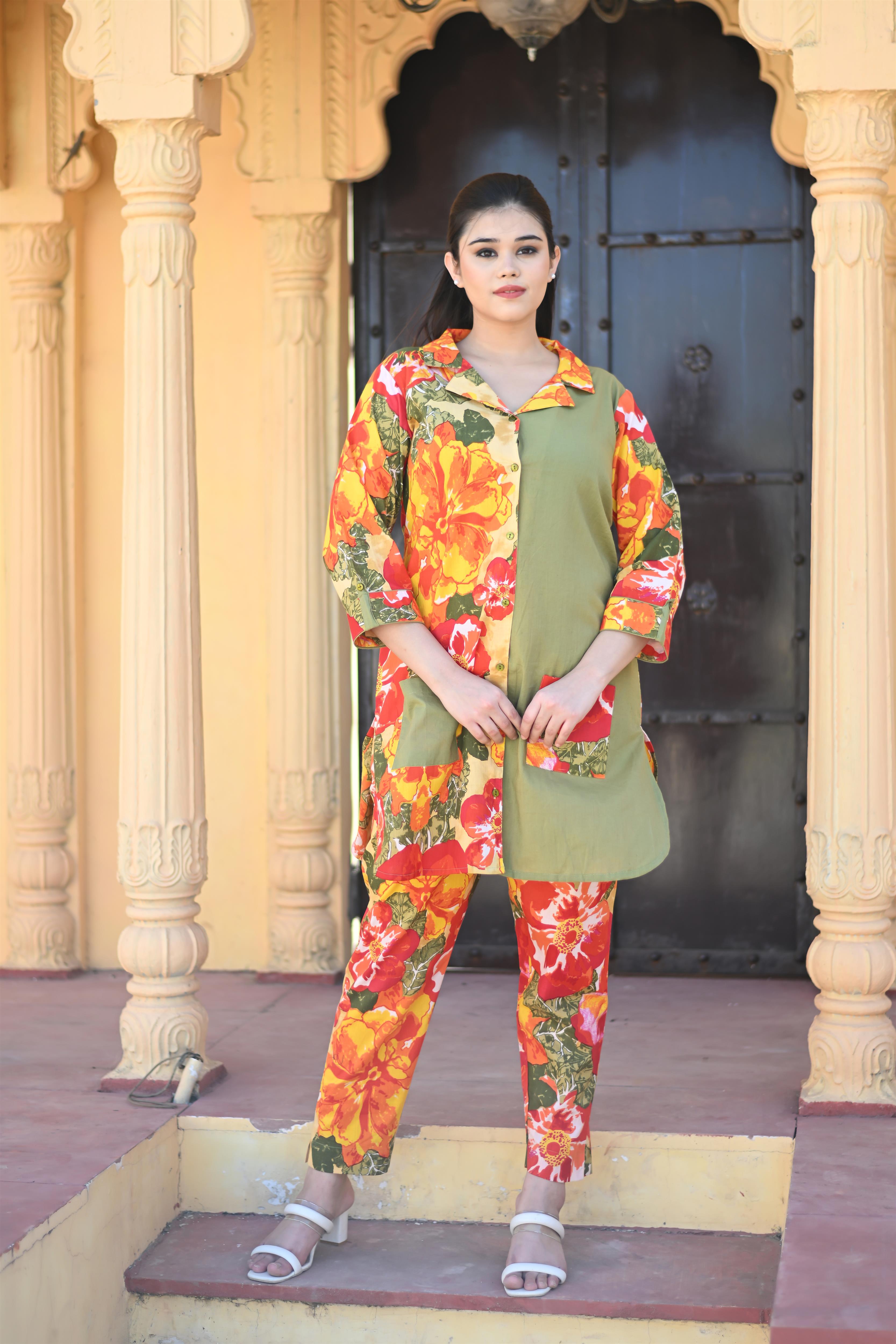 Orange-Pista Floral Collared Co-Ord Set