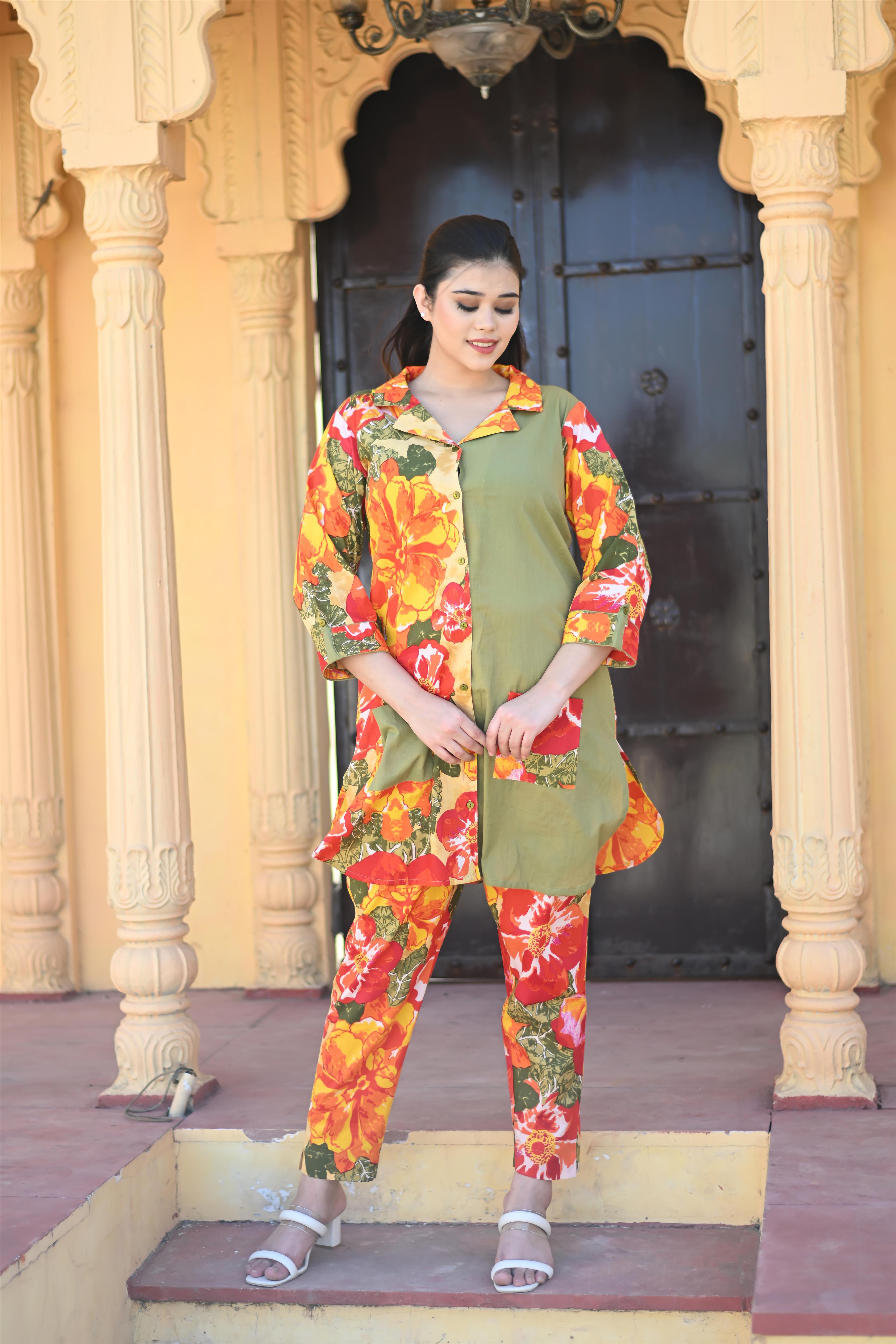 Orange-Pista Floral Collared Co-Ord Set