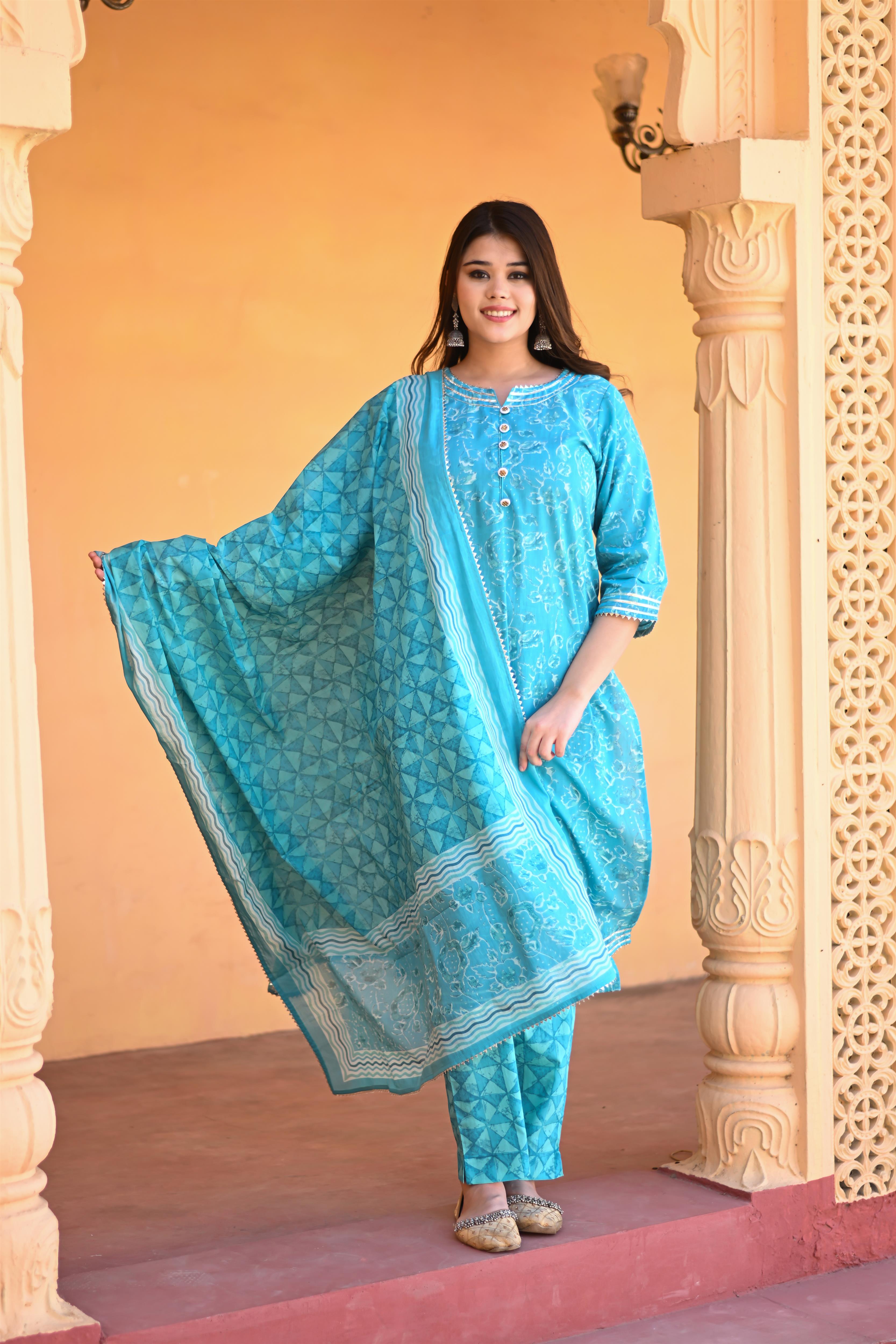 Plus Size Ferozi Color Cotton Kurta-Pant with Cotton Dupatta