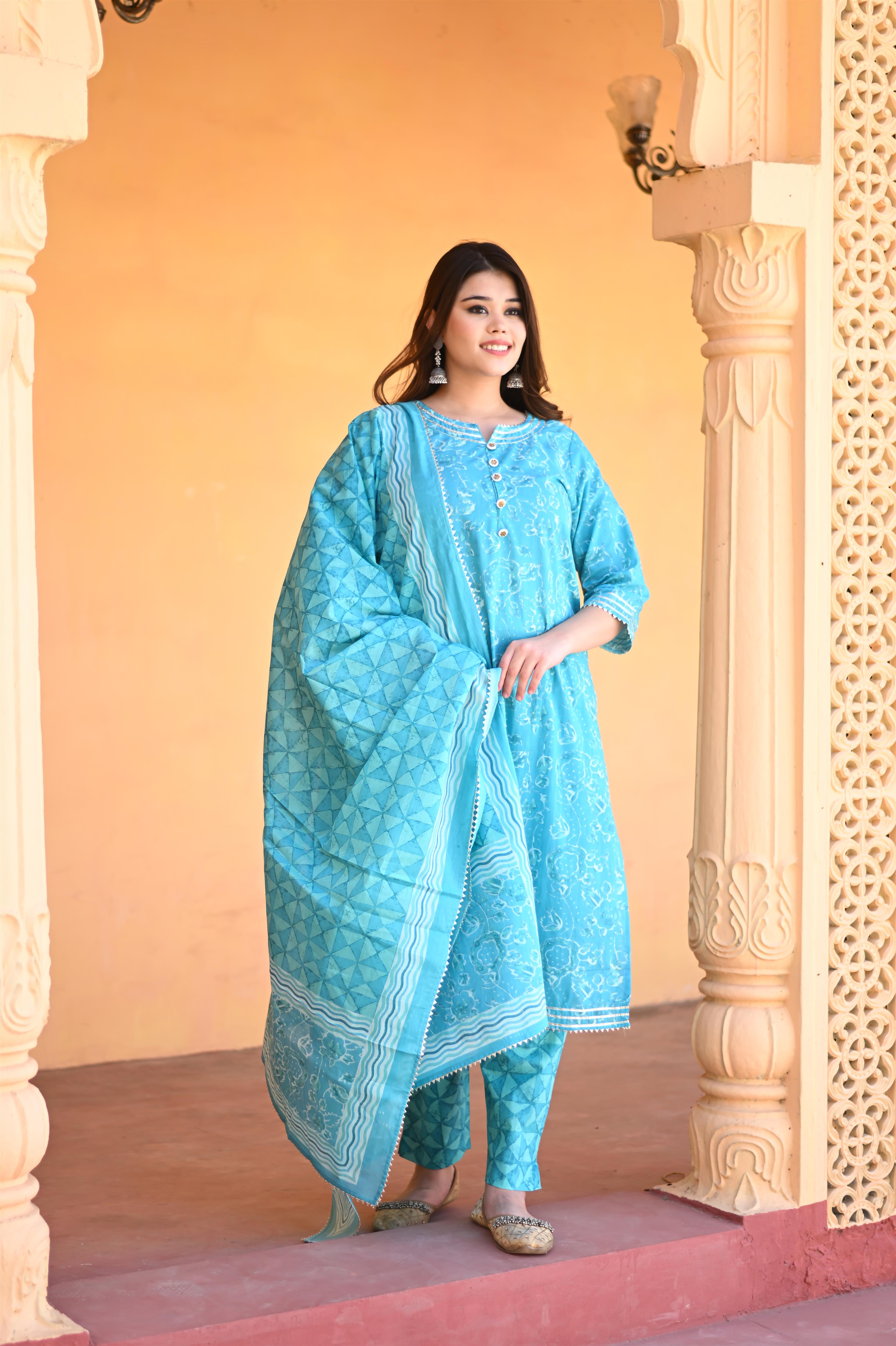 Plus Size Ferozi Color Cotton Kurta-Pant with Cotton Dupatta