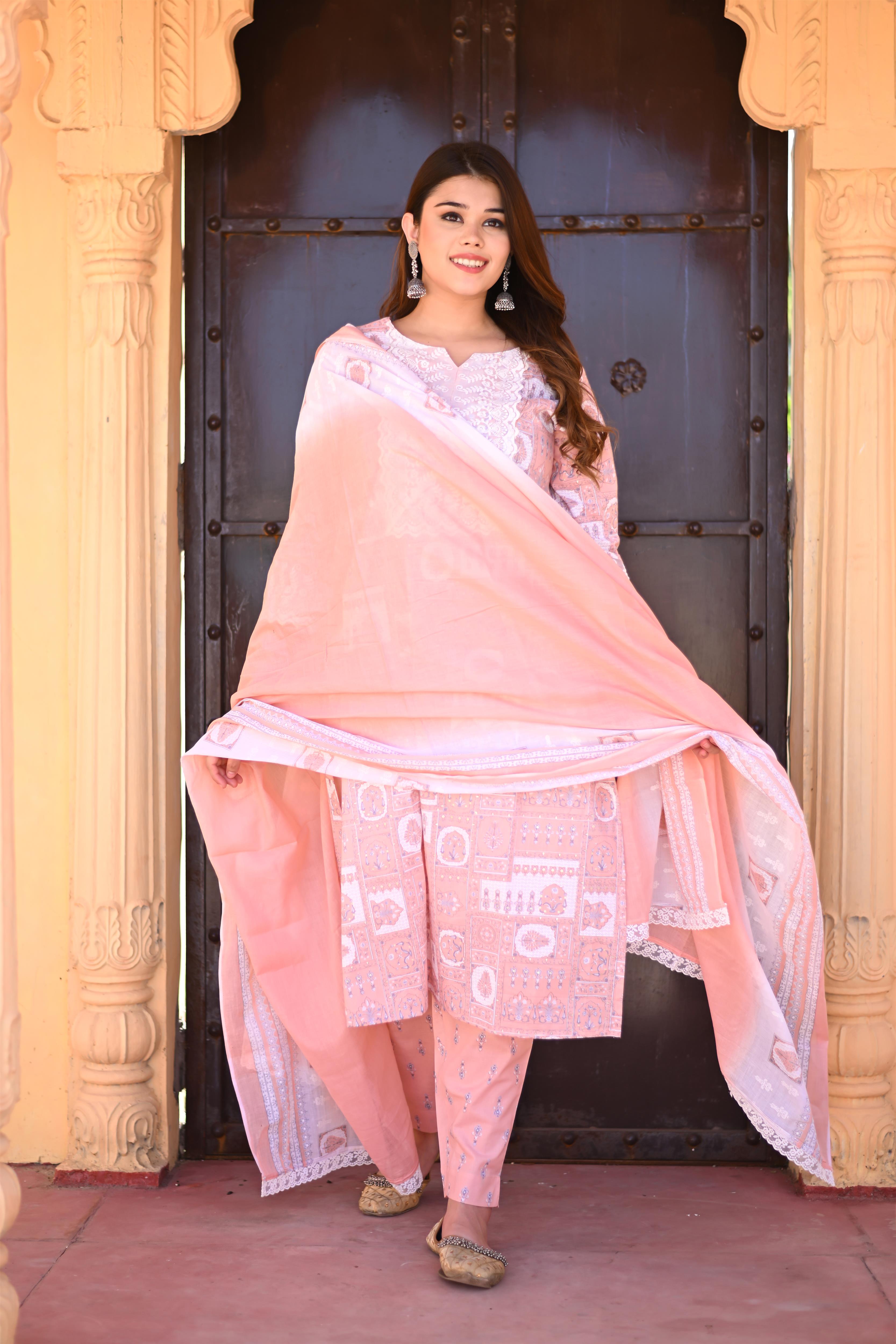 Peach Color Cotton Kurta-Pant with Cotton Dupatta