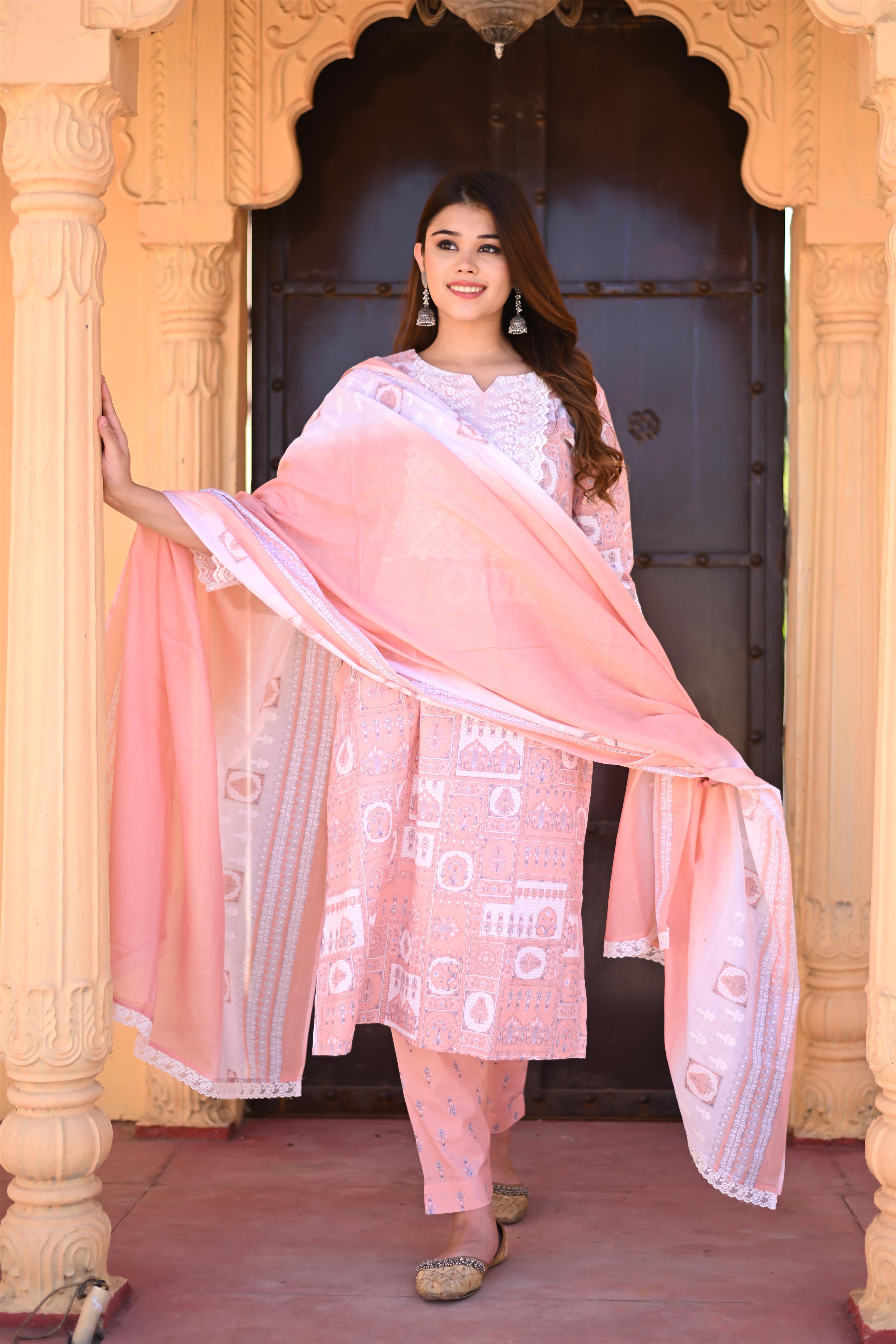 Peach Color Cotton Kurta-Pant with Cotton Dupatta