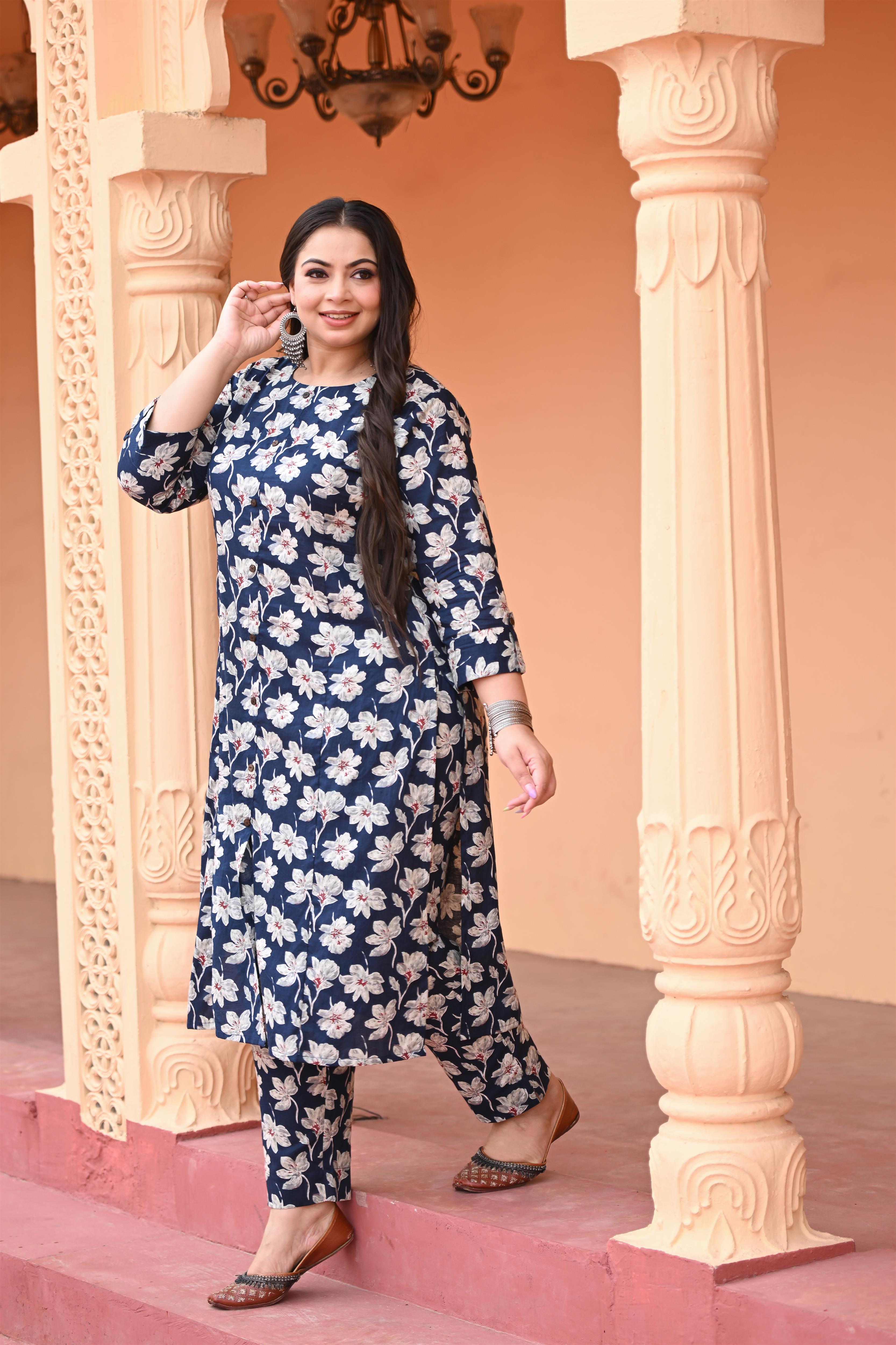 Plus Size Blue Floral Printed Cotton Straight Kurta with Pant