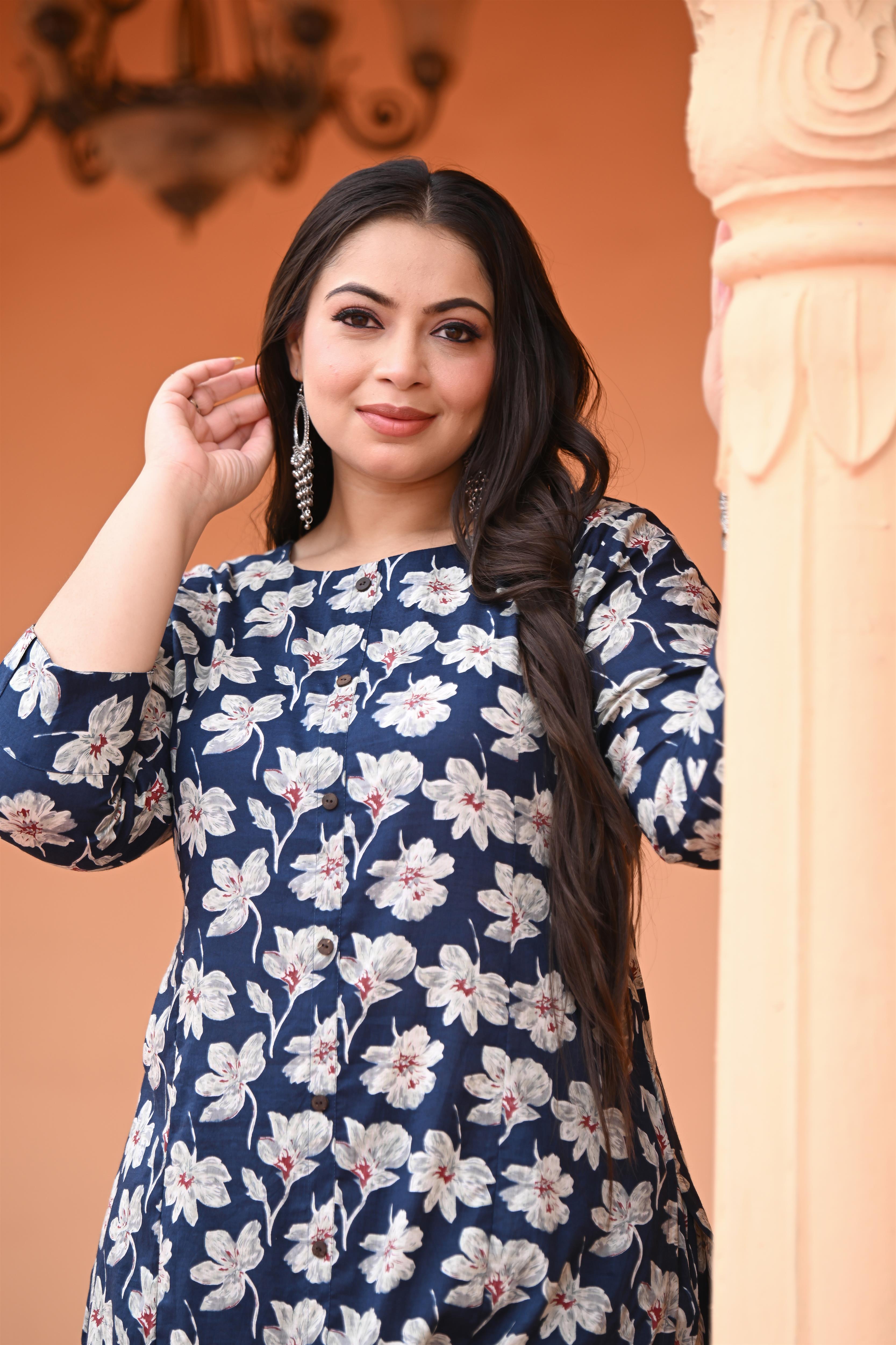 Plus Size Blue Floral Printed Cotton Straight Kurta with Pant