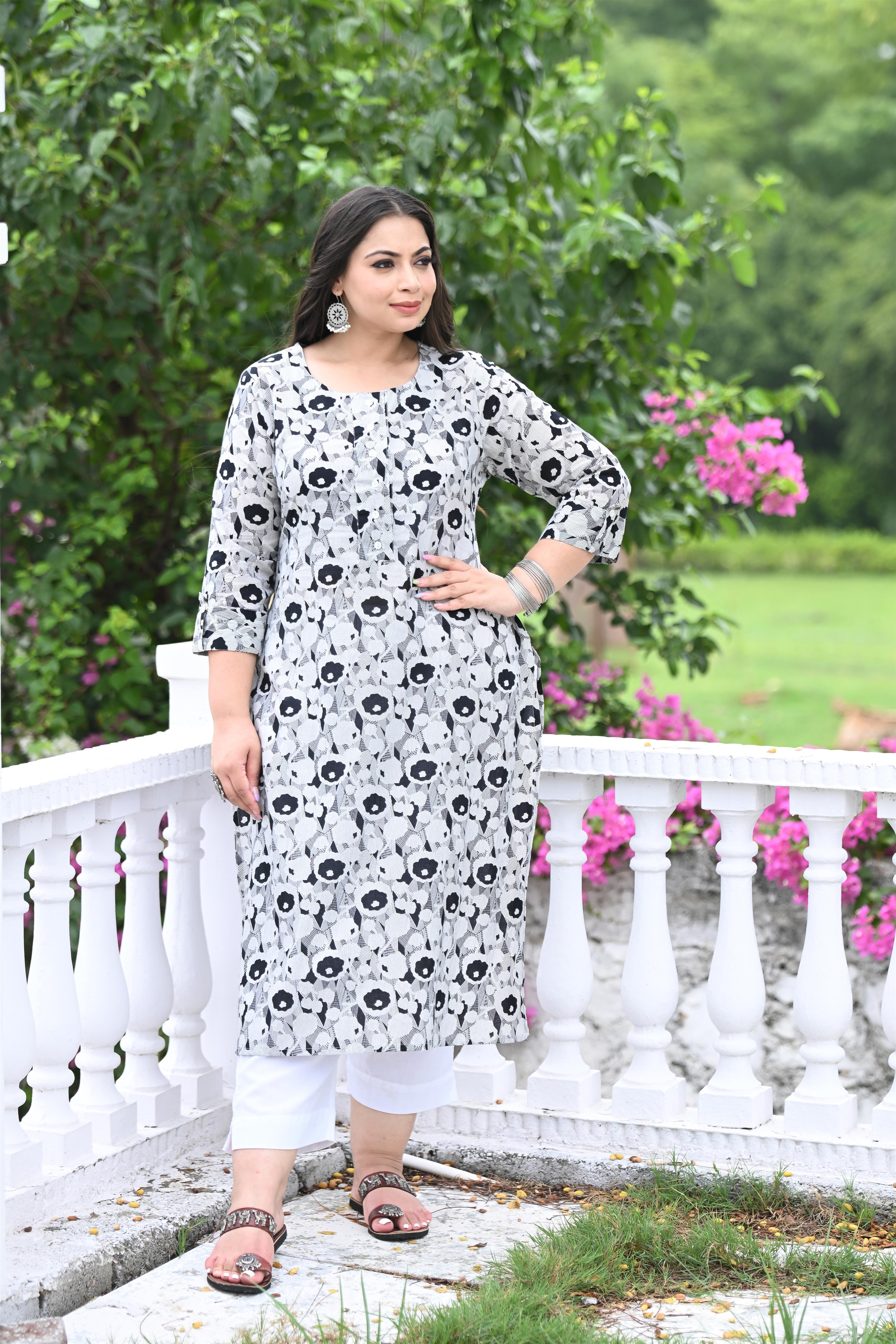 Plus Size Black Floral Pure Cotton Straight Kurta