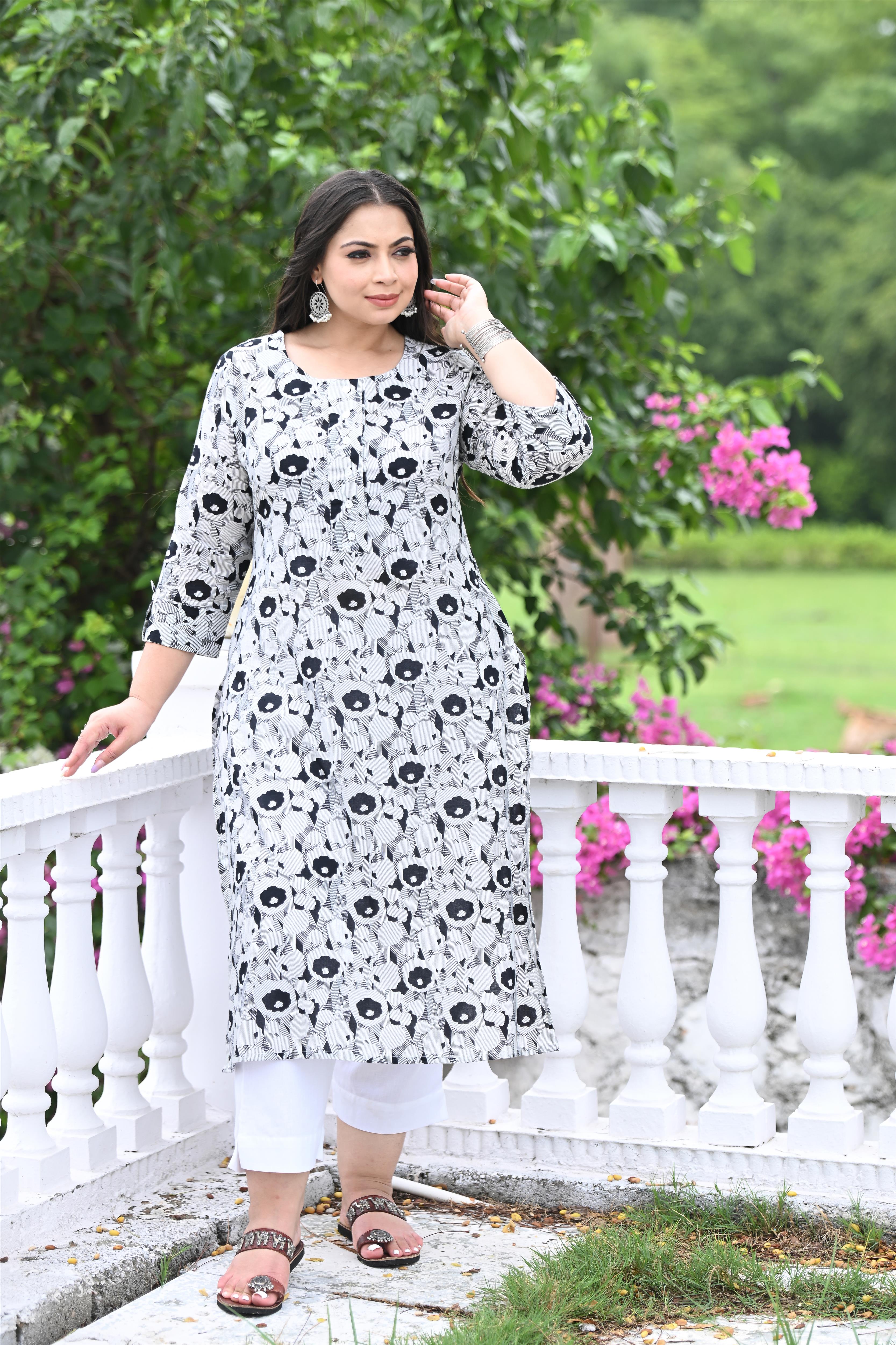 Plus Size Black Floral Pure Cotton Straight Kurta