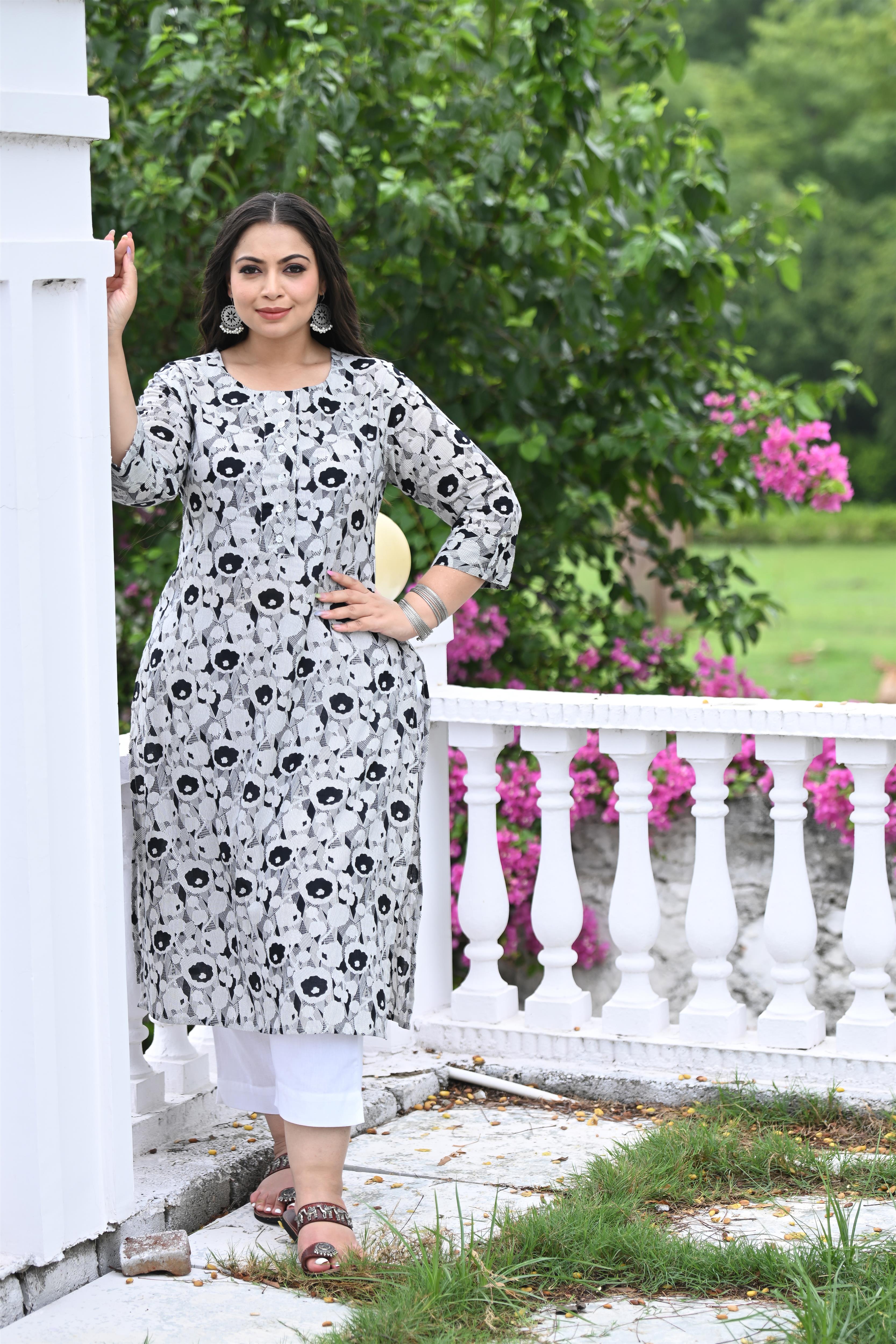 Plus Size Black Floral Pure Cotton Straight Kurta