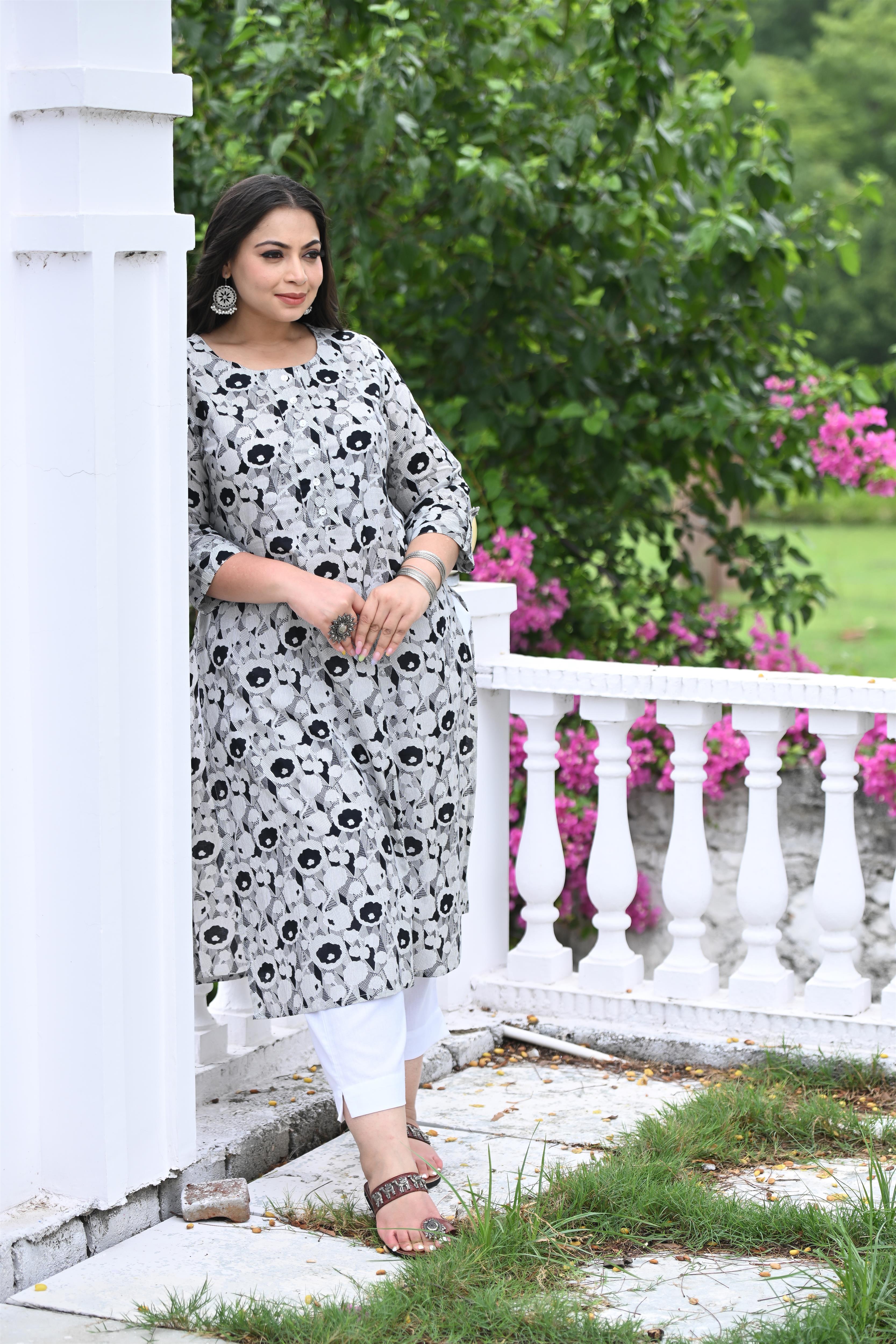 Plus Size Black Floral Pure Cotton Straight Kurta