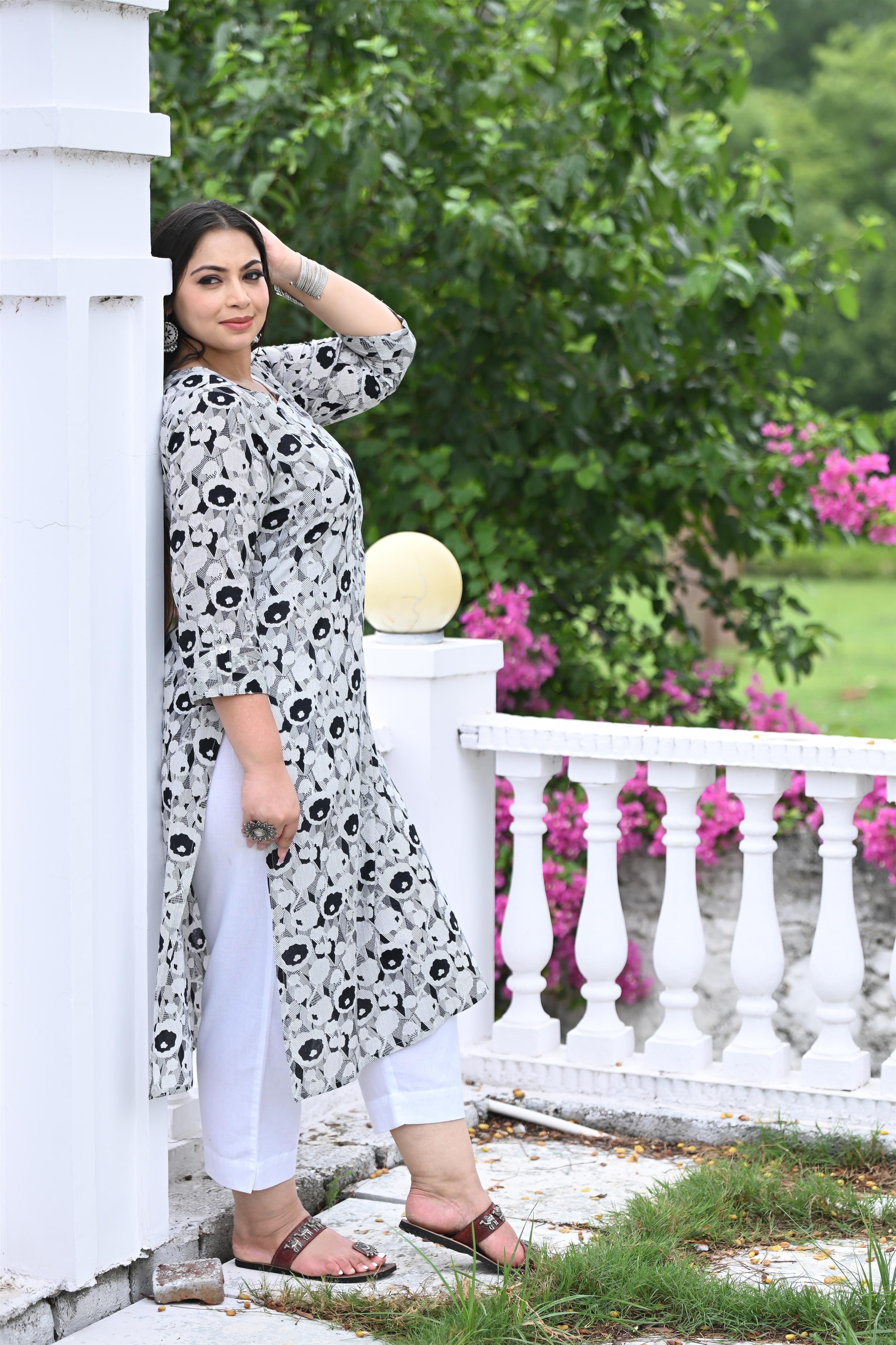 Plus Size Black Floral Pure Cotton Straight Kurta