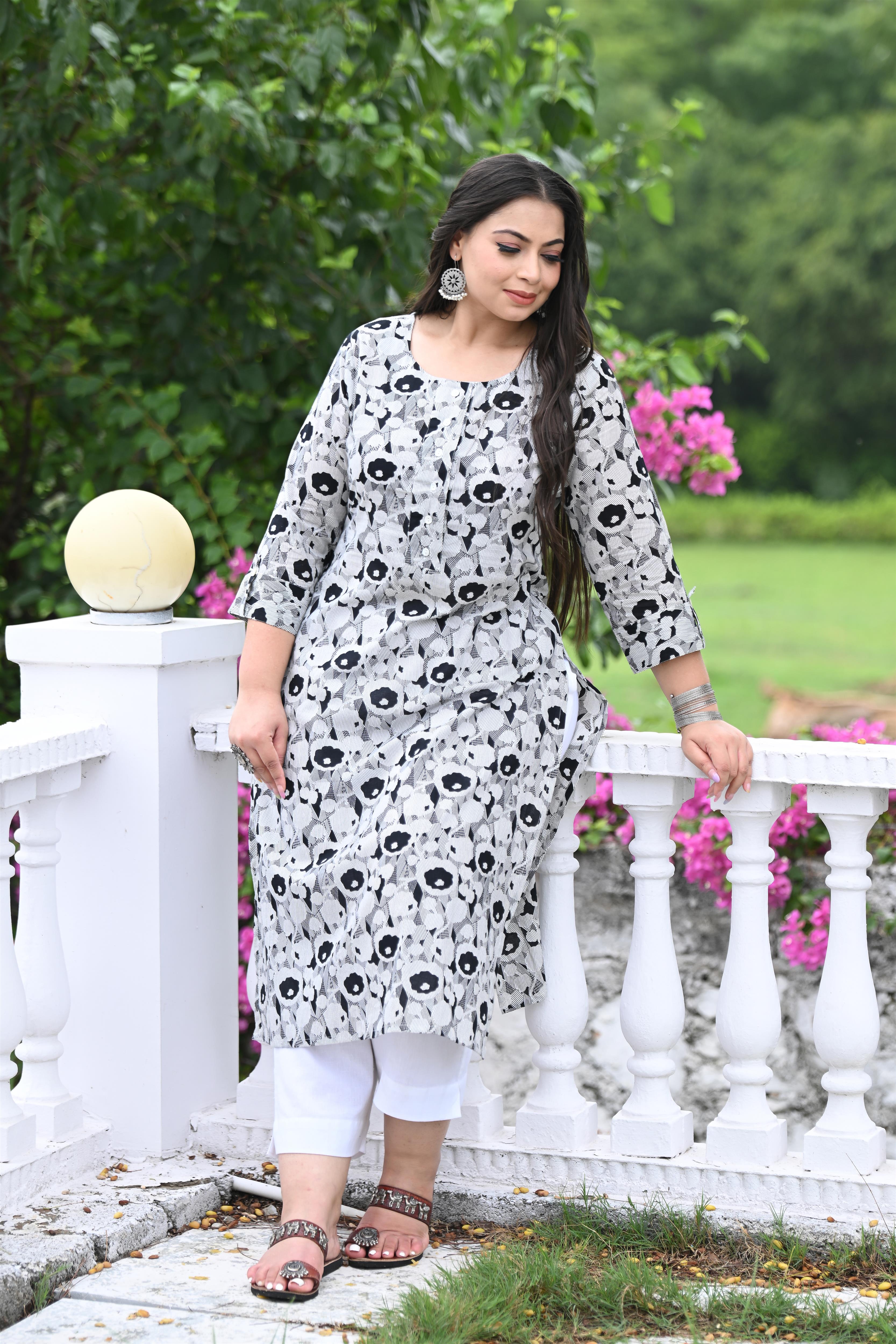 Plus Size Black Floral Pure Cotton Straight Kurta