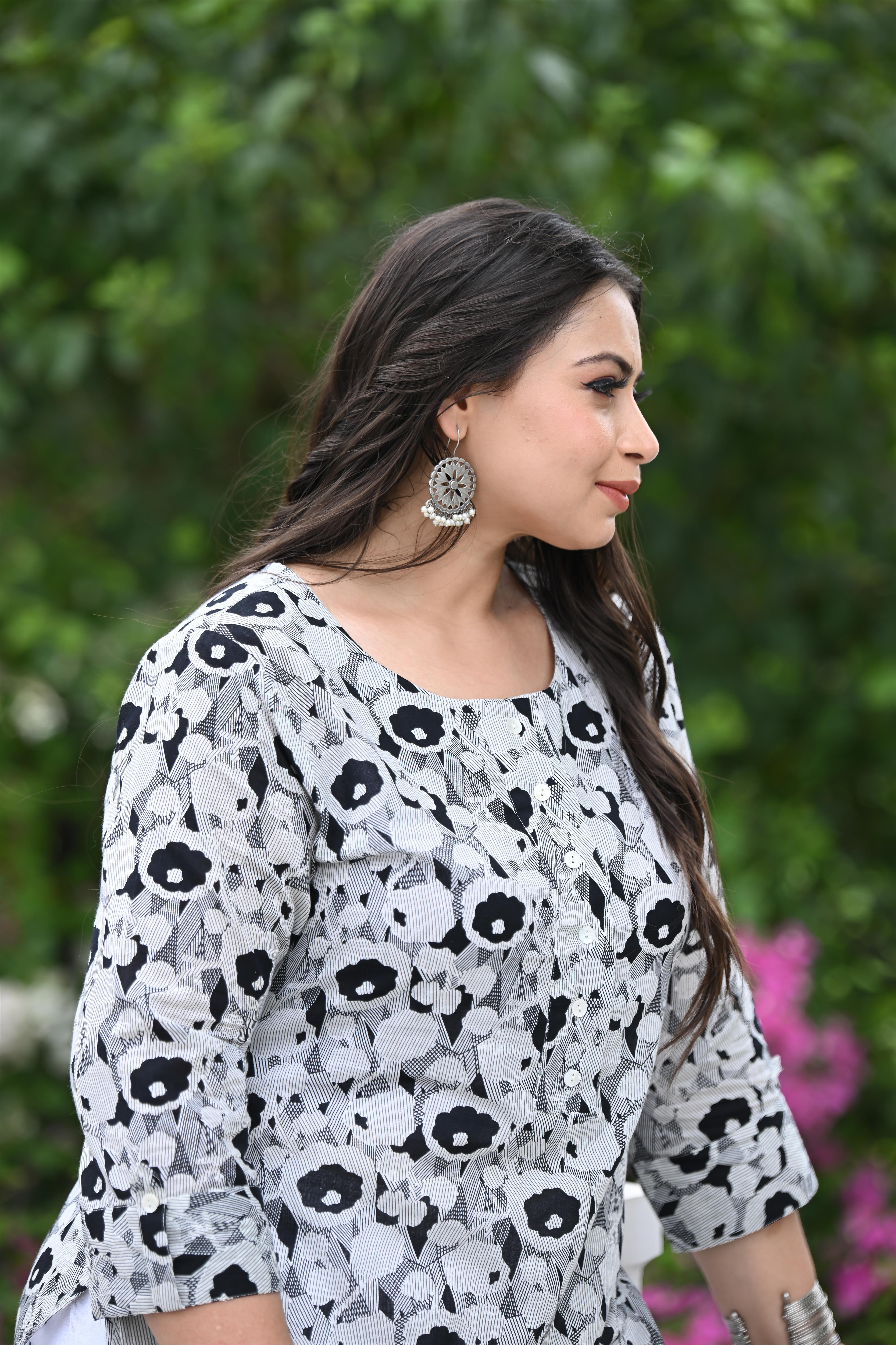 Plus Size Black Floral Pure Cotton Straight Kurta