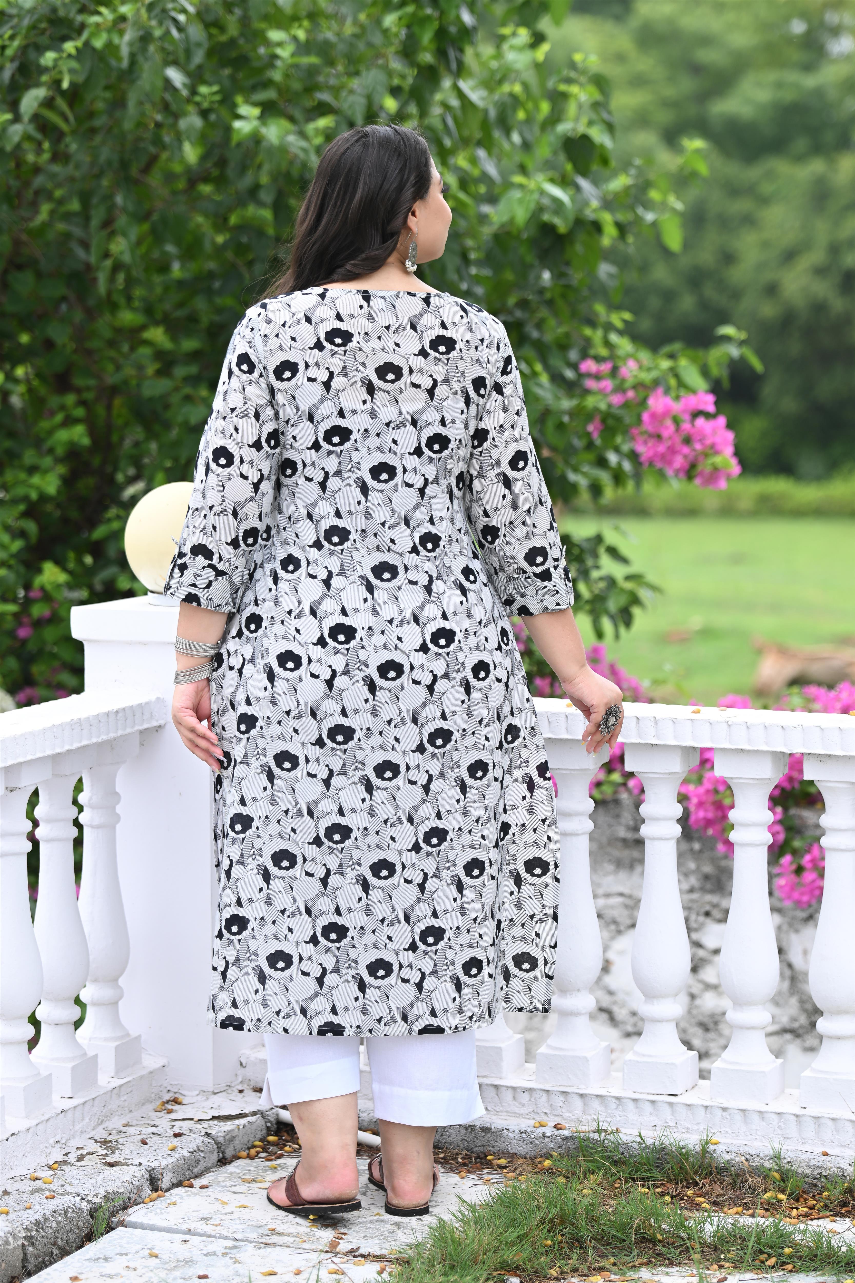 Plus Size Black Floral Pure Cotton Straight Kurta