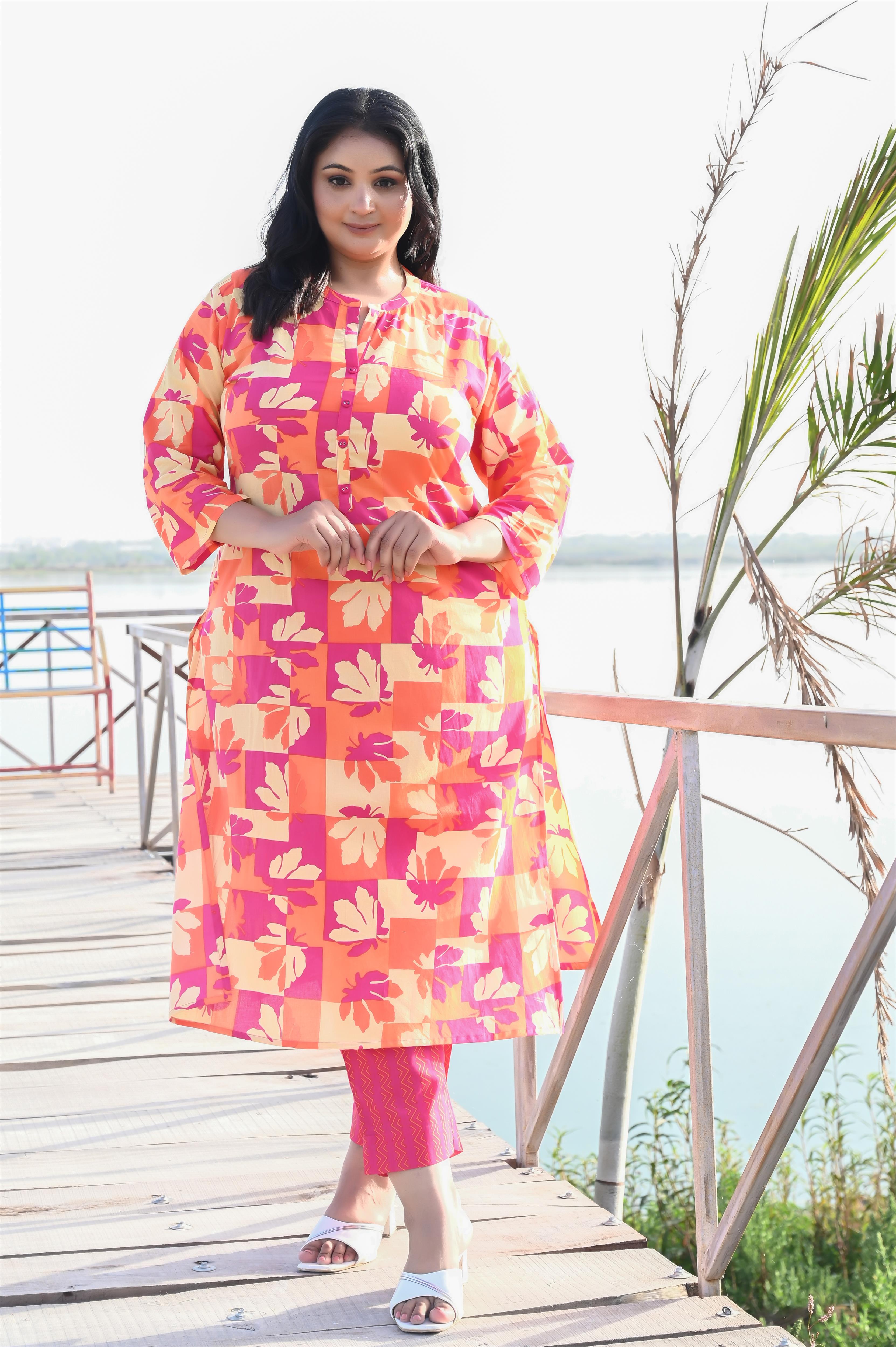 Pink-Orange Floral Printed Cotton Straight Kurta-Pant