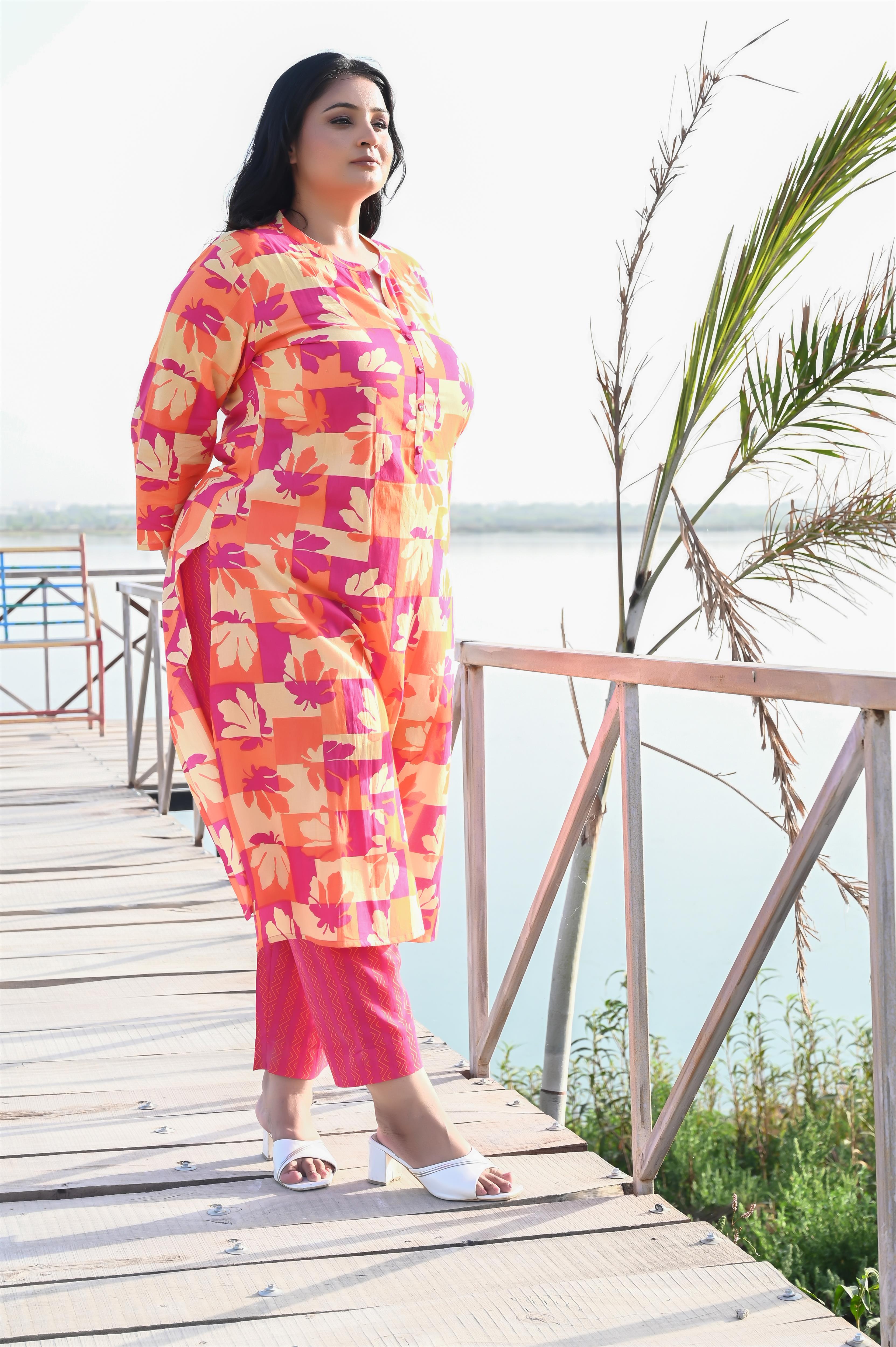 Pink-Orange Floral Printed Cotton Straight Kurta-Pant
