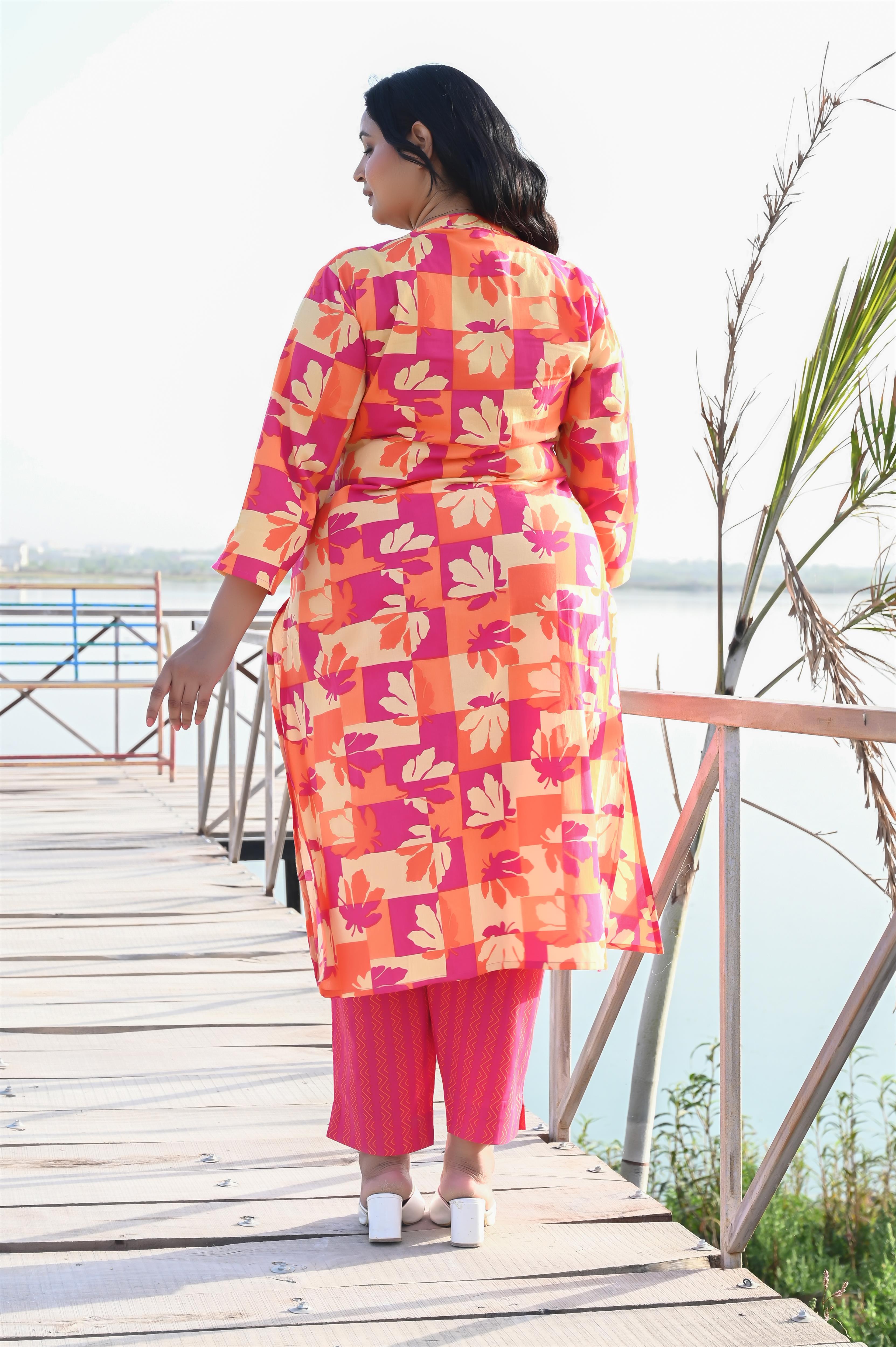 Pink-Orange Floral Printed Cotton Straight Kurta-Pant