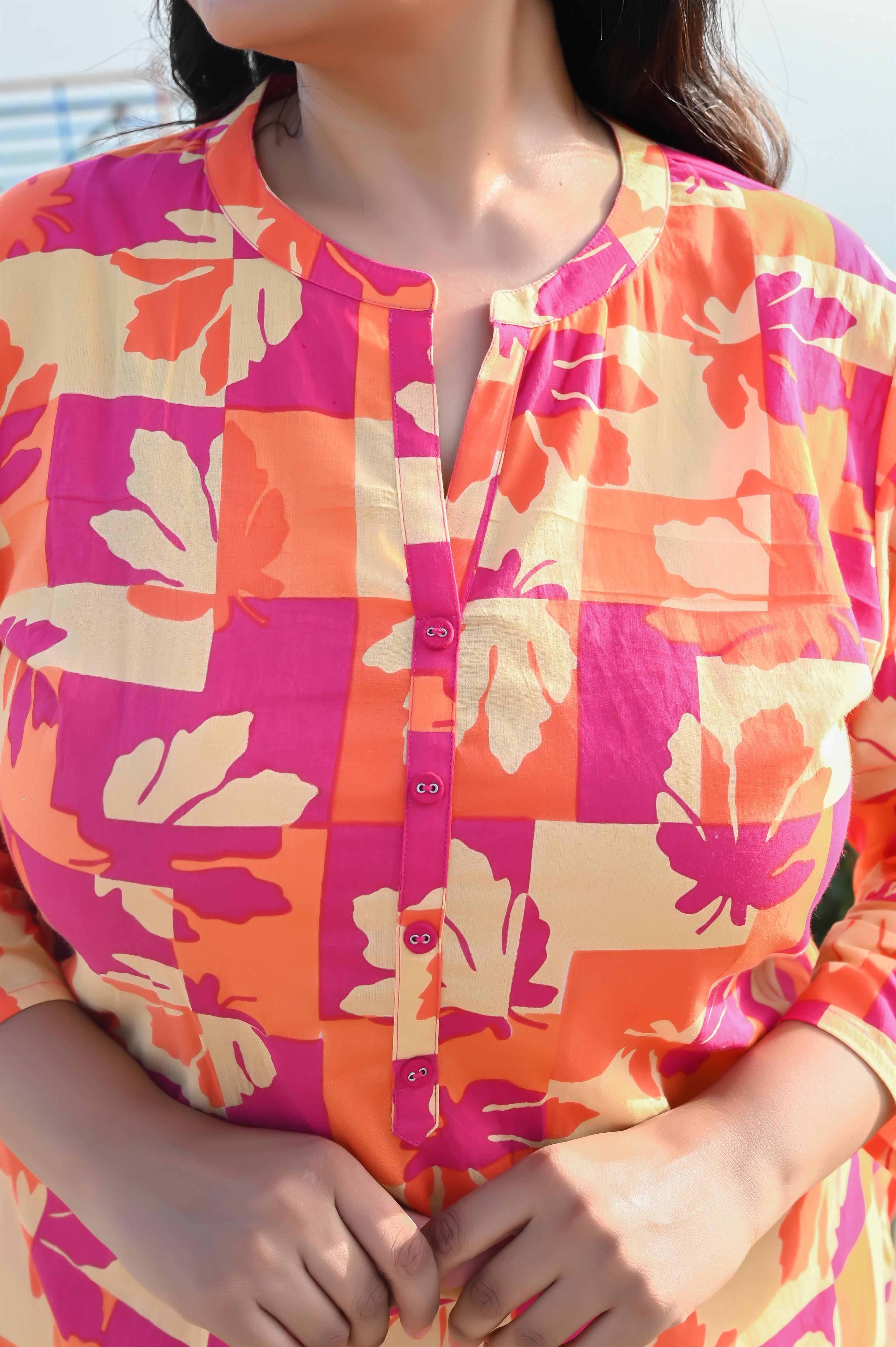 Pink-Orange Floral Printed Cotton Straight Kurta-Pant