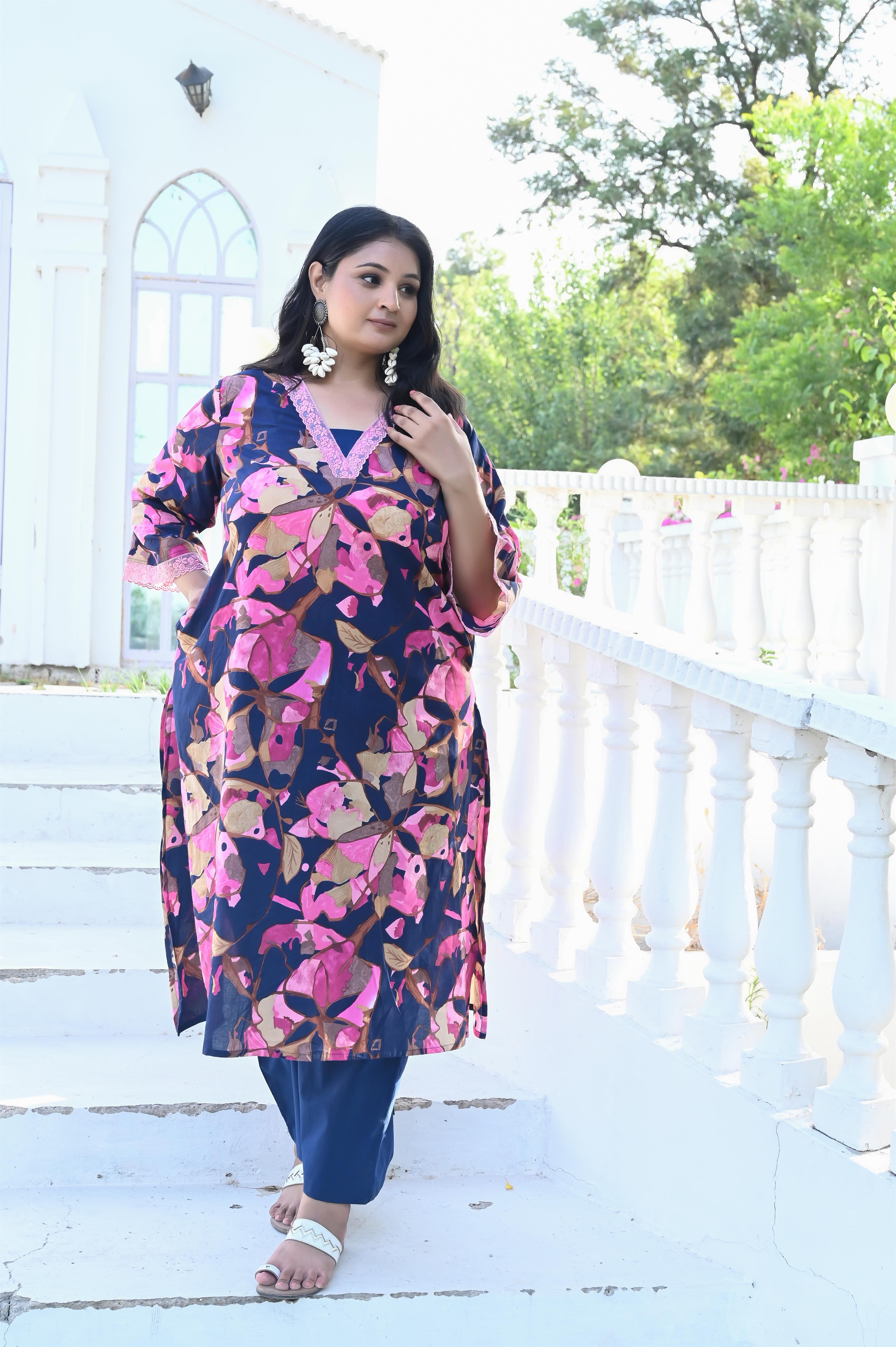 Navy Blue Floral Printed Cotton Straight Kurta-Pant