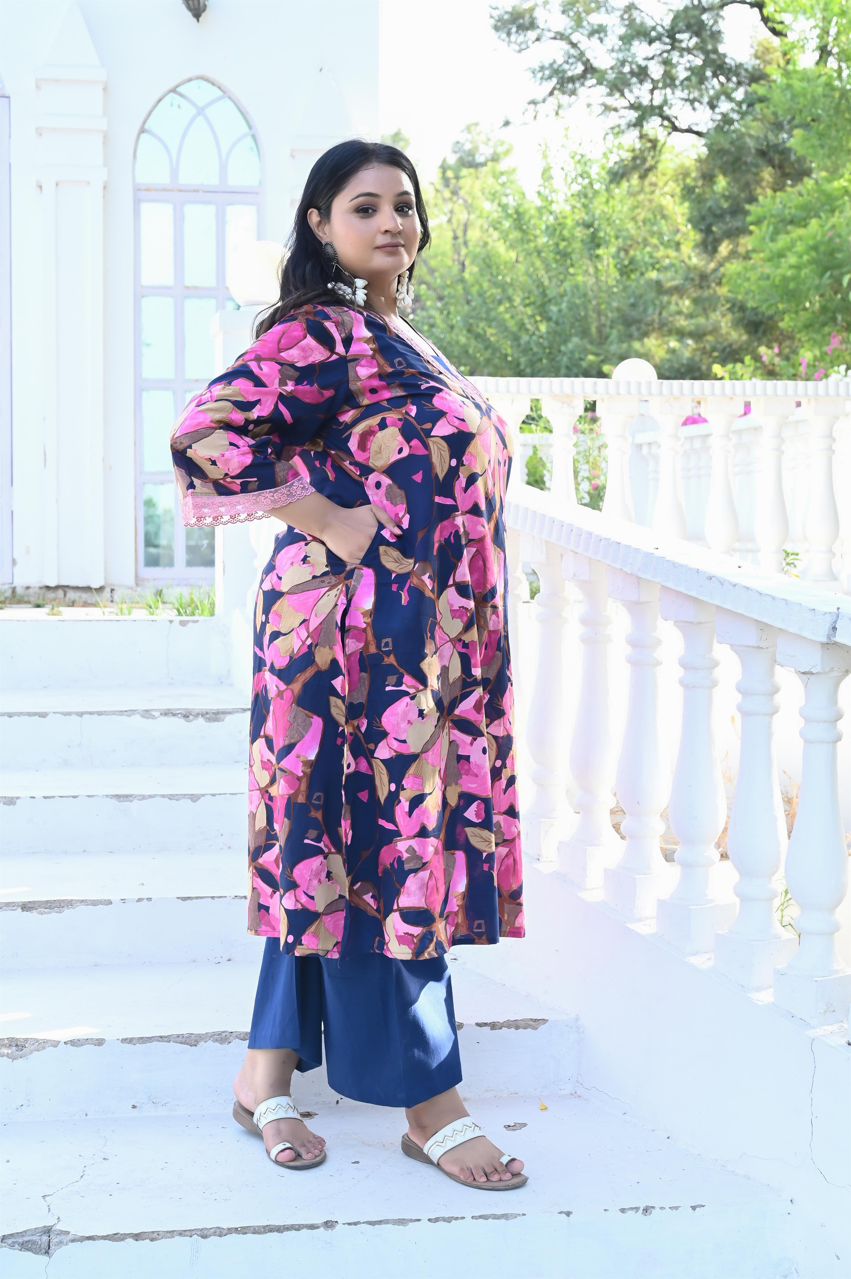 Navy Blue Floral Printed Cotton Straight Kurta-Pant