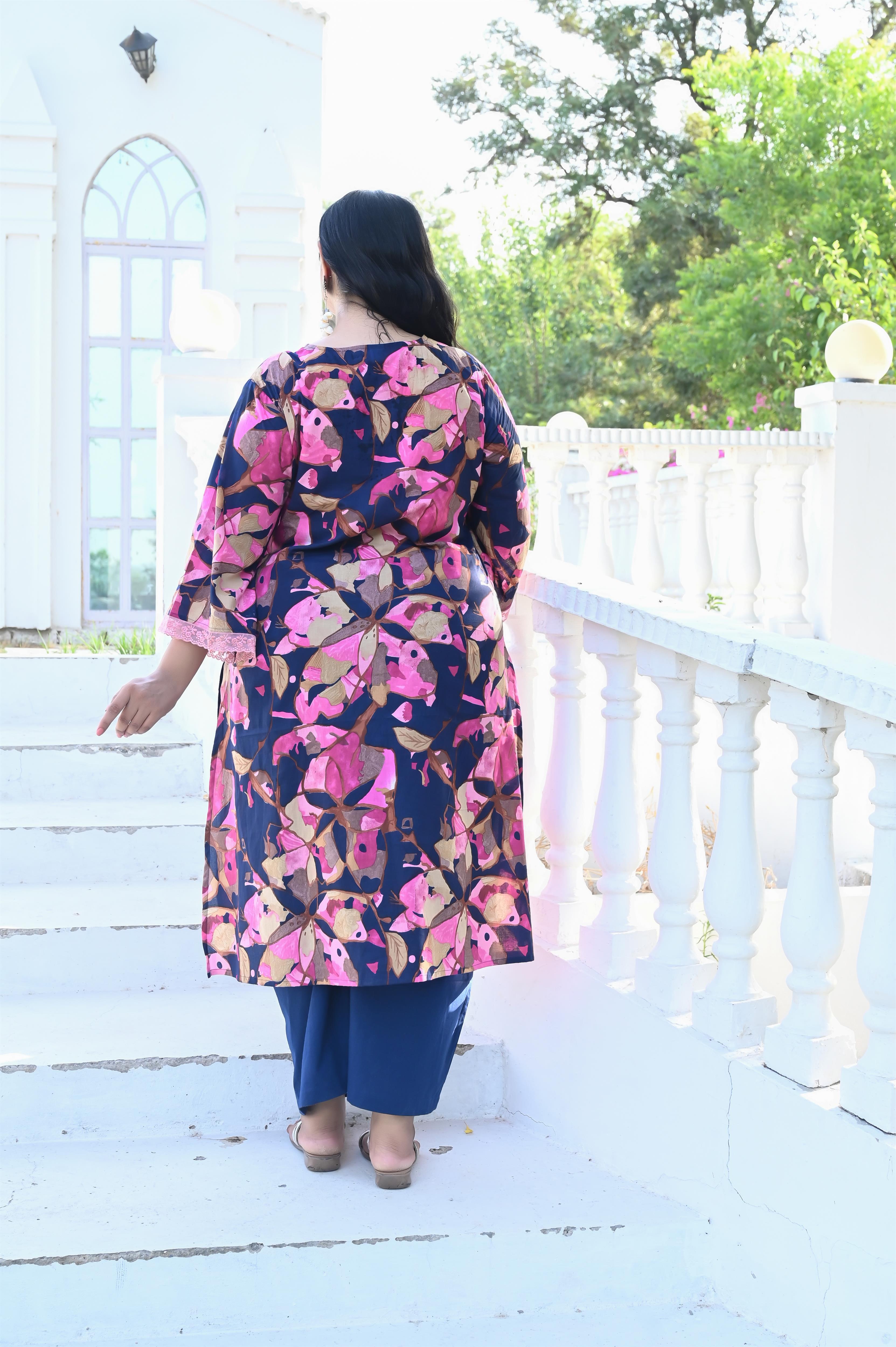 Navy Blue Floral Printed Cotton Straight Kurta-Pant