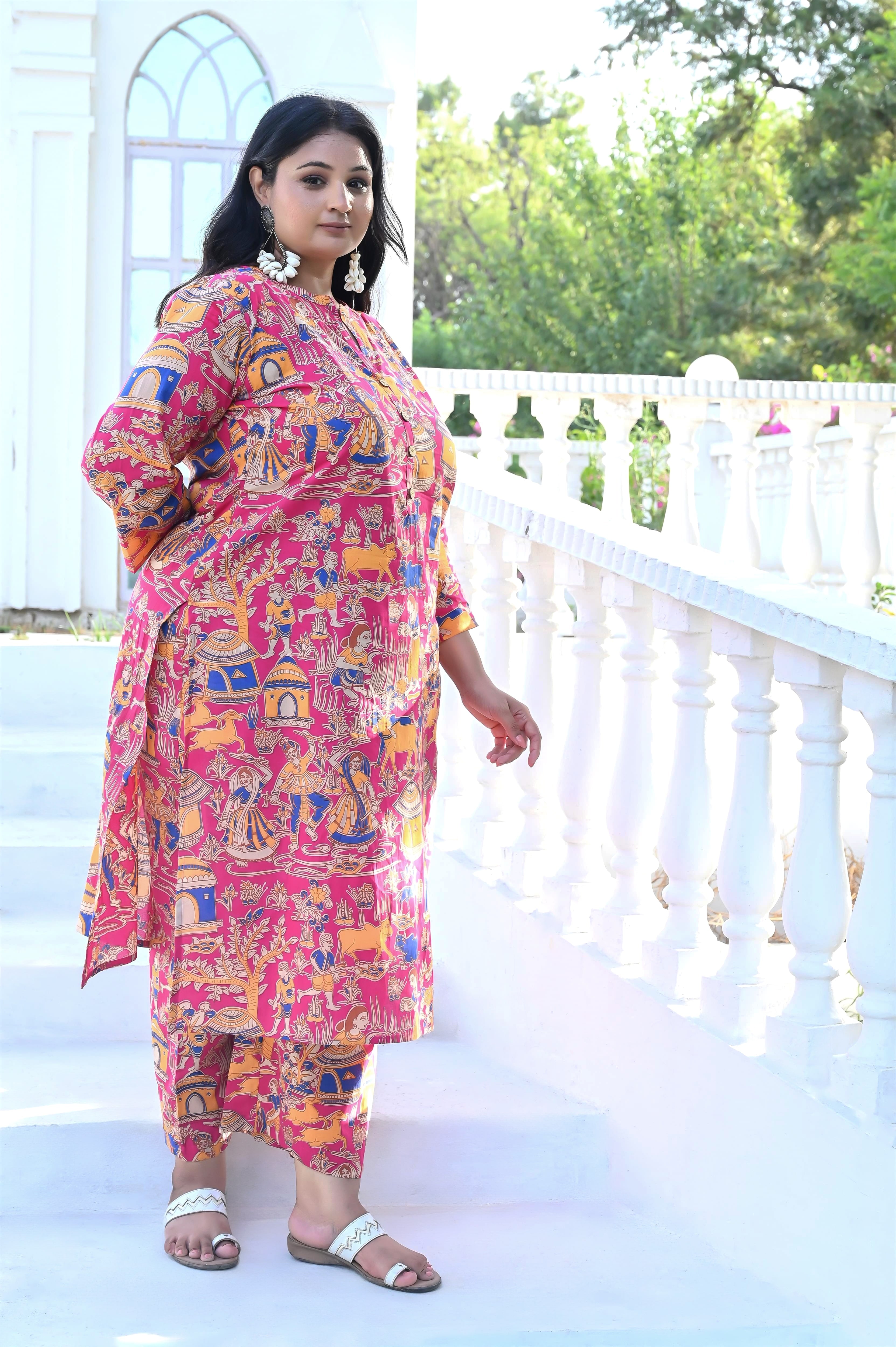 Plus Size Pink Pichwai Art Printed Kurta Pant