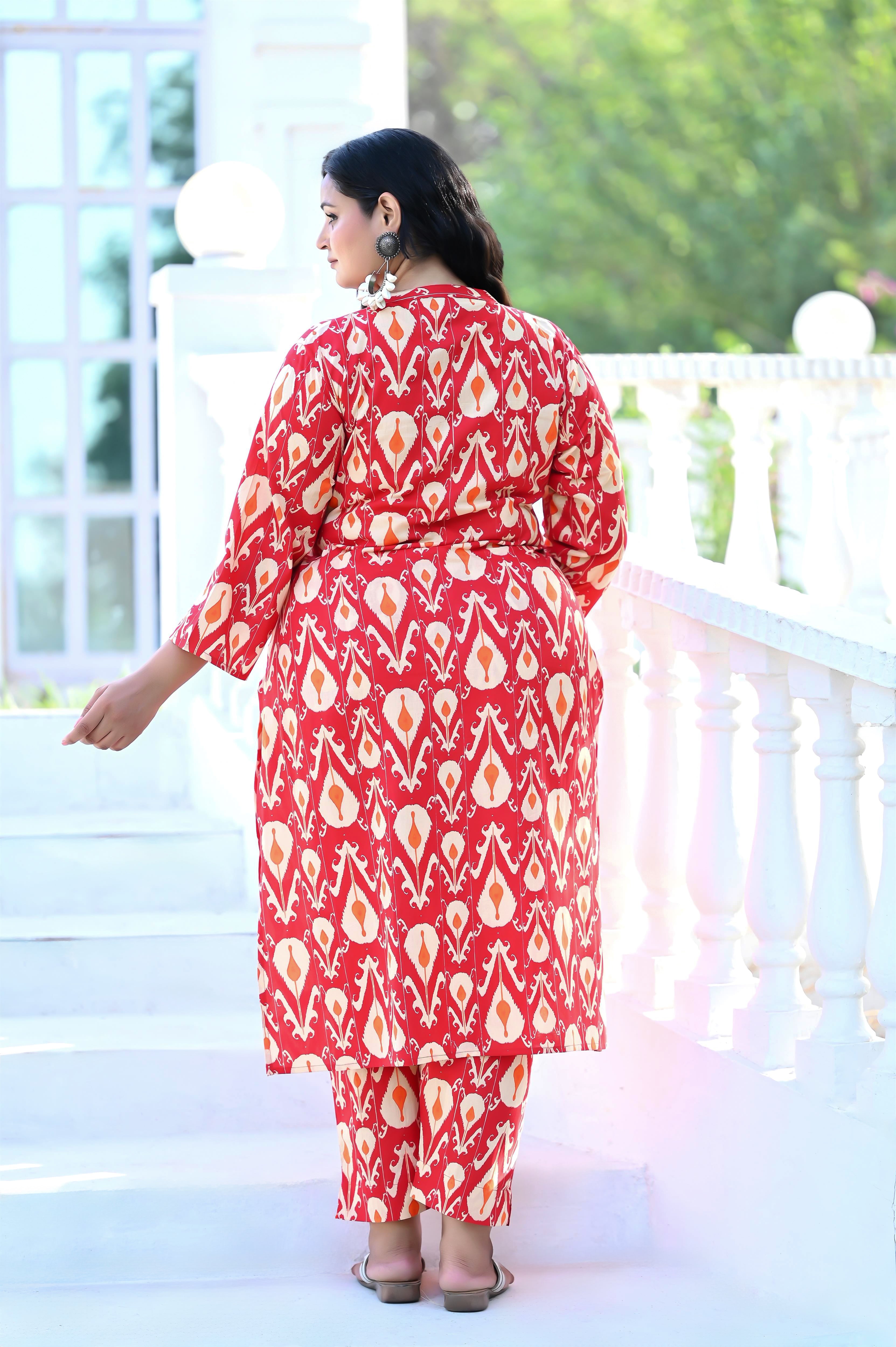 Plus Size Red Ikat Printed Kurta Pant