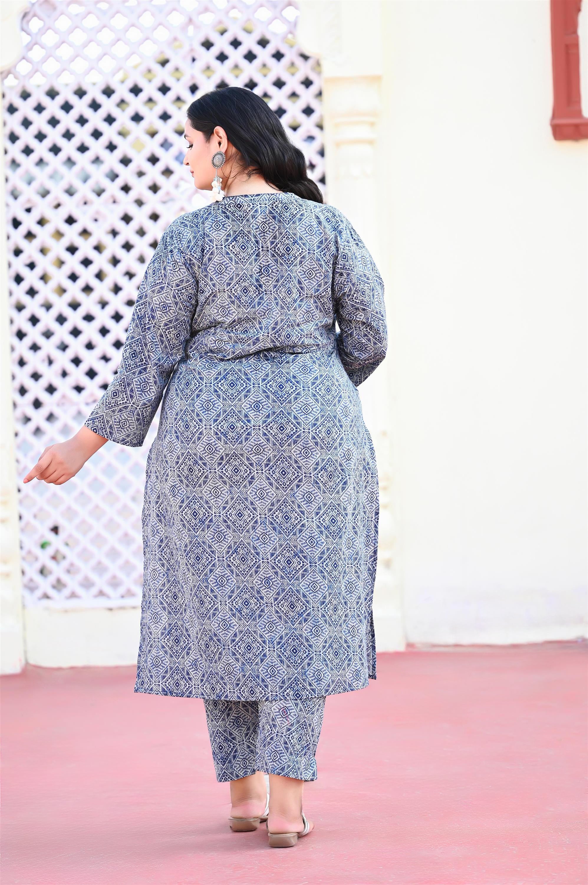 Plus size Indigo blue abstract printed kurta pant