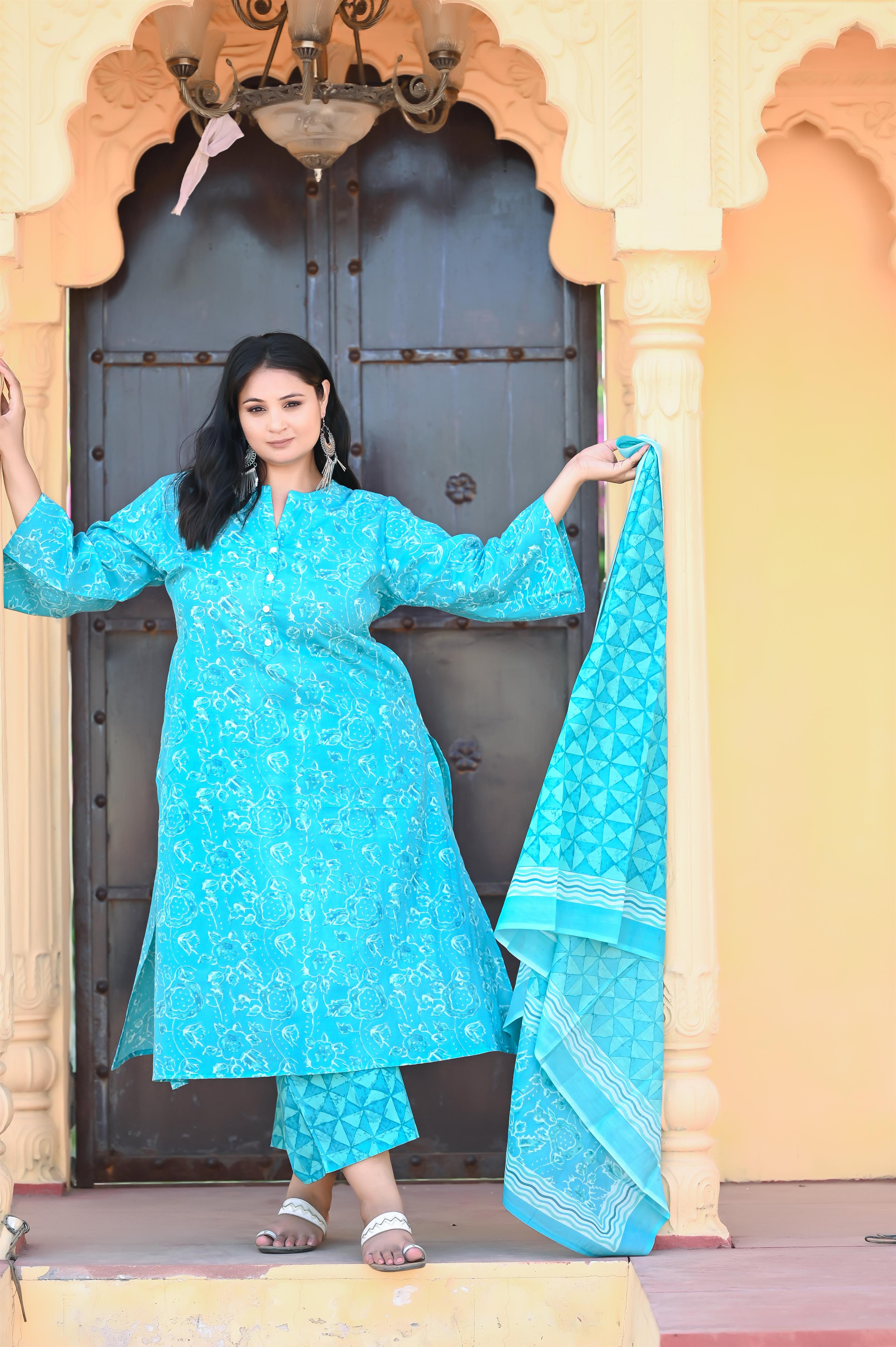 Ferozi Colour Straight Pure Cotton Kurta-Pant
