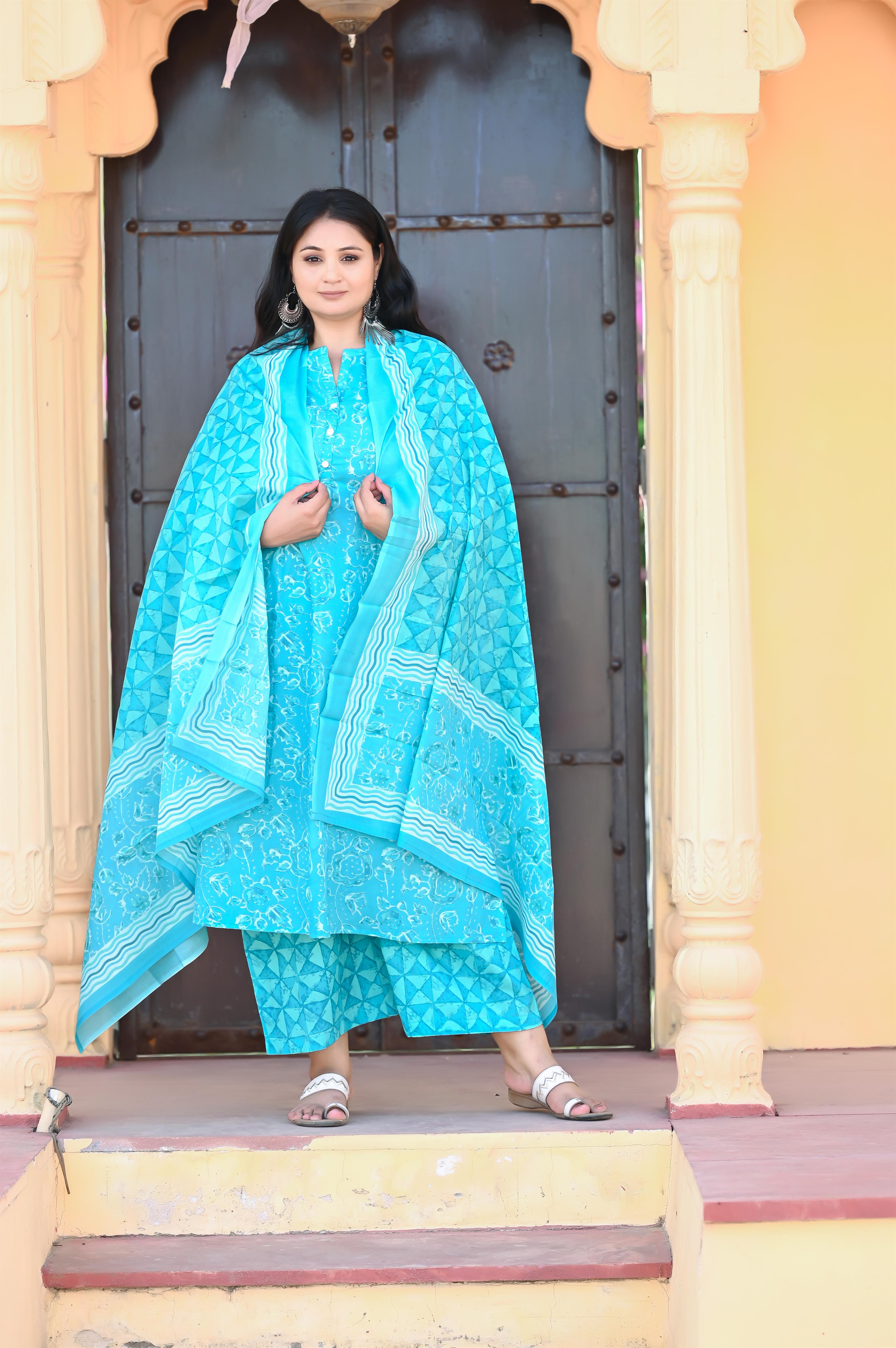 Ferozi Colour Straight Pure Cotton Kurta-Pant