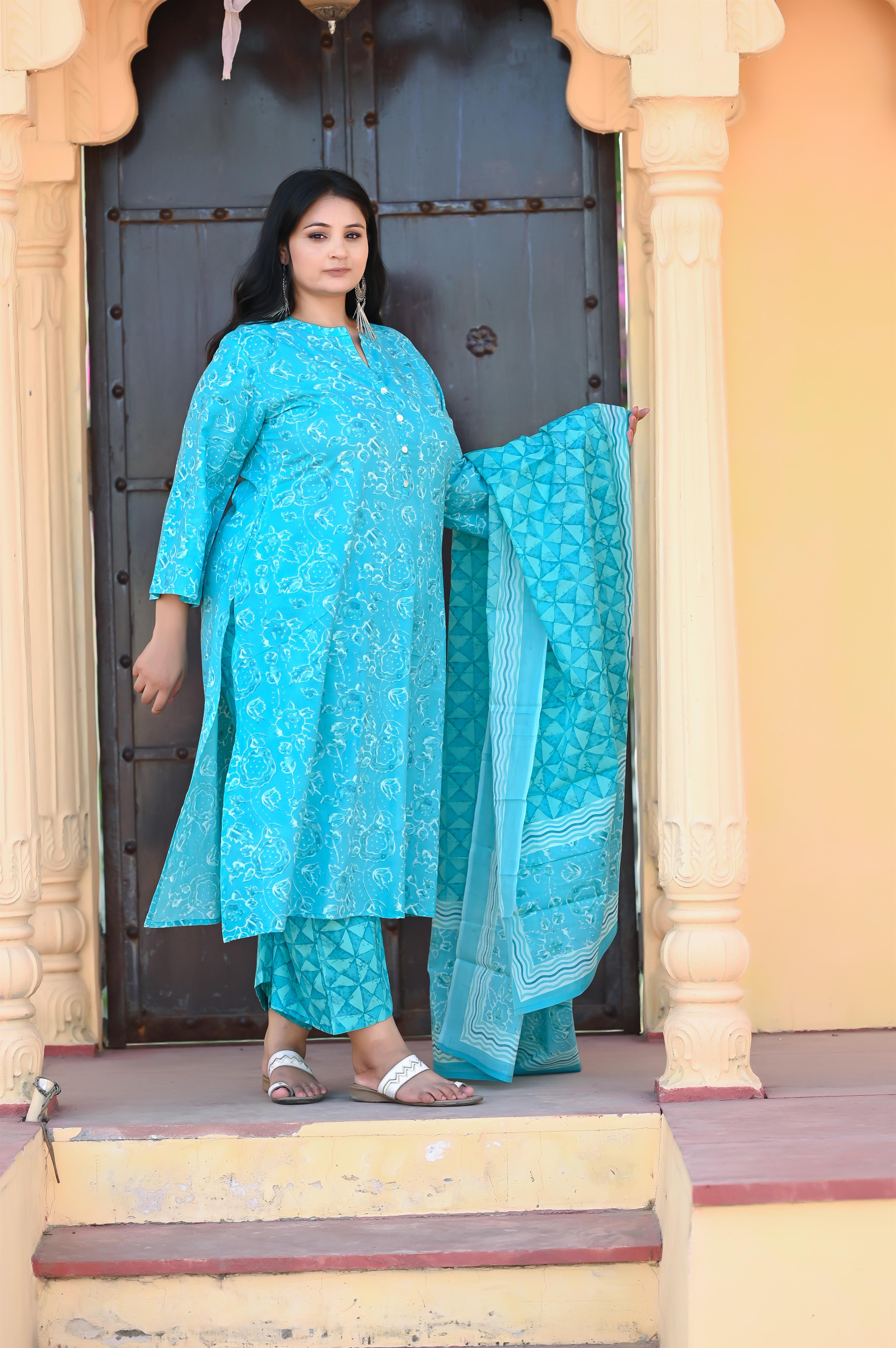 Ferozi Colour Straight Pure Cotton Kurta-Pant