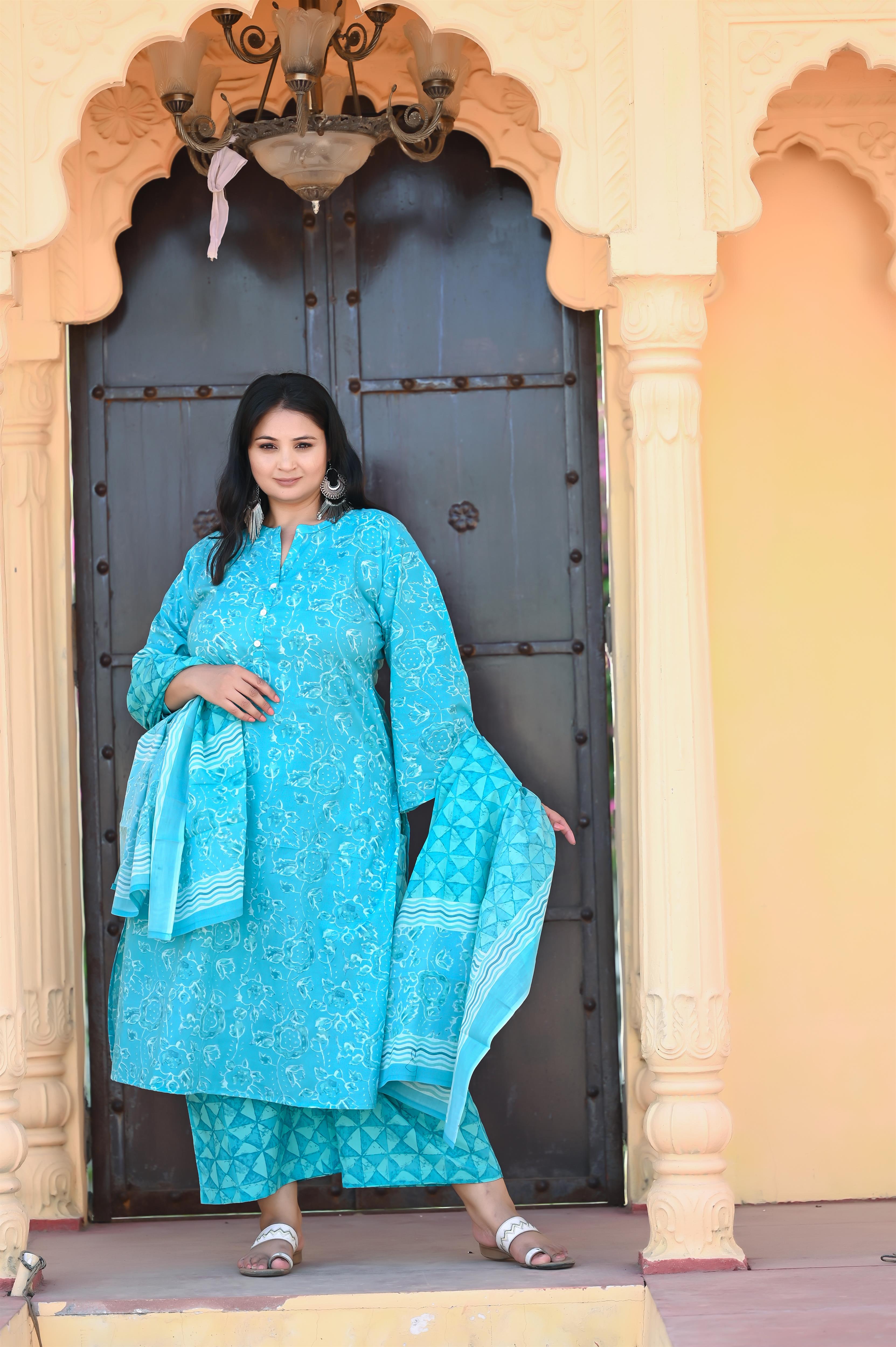 Ferozi Colour Straight Pure Cotton Kurta-Pant