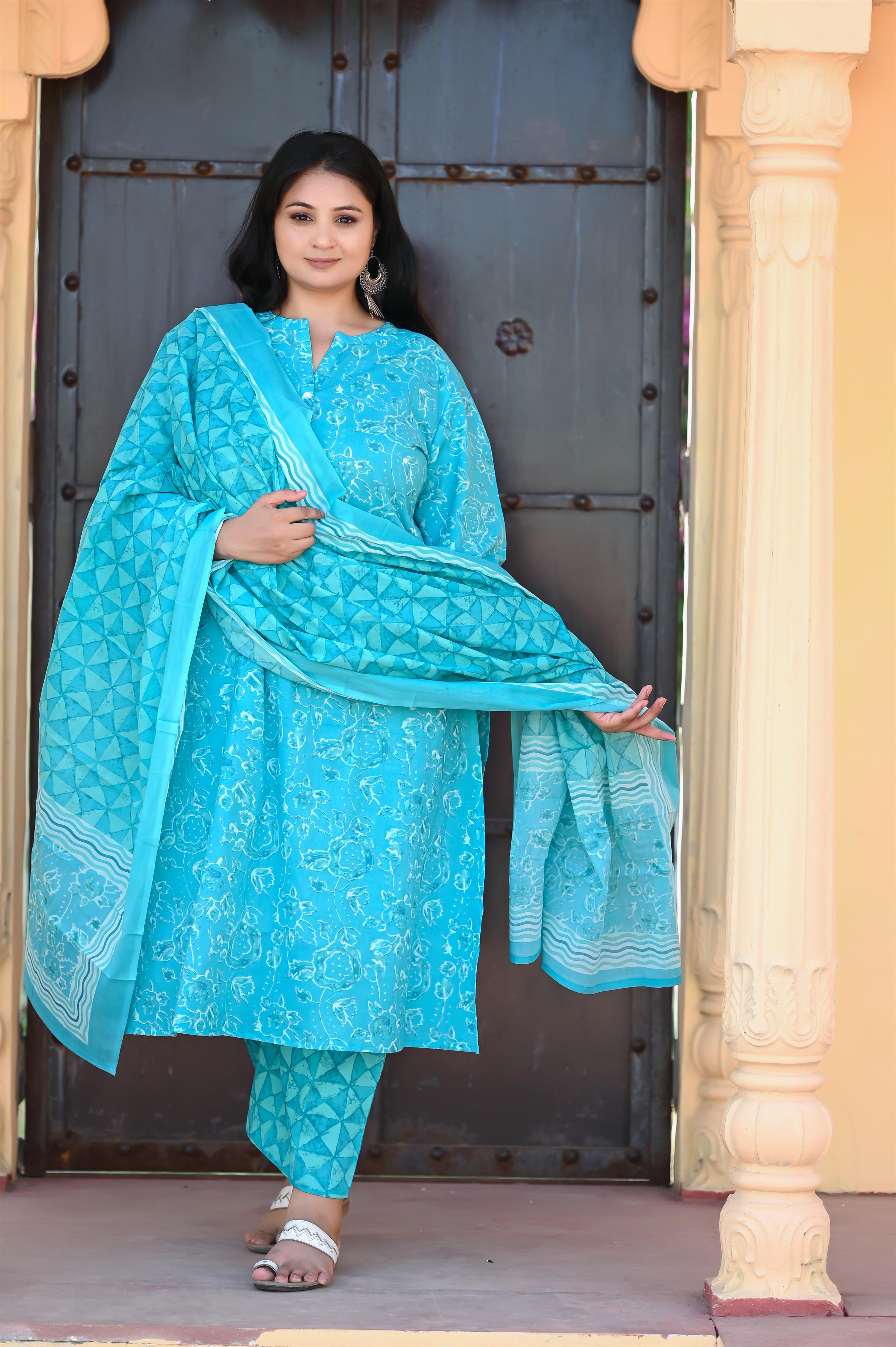 Ferozi Colour Straight Pure Cotton Kurta-Pant
