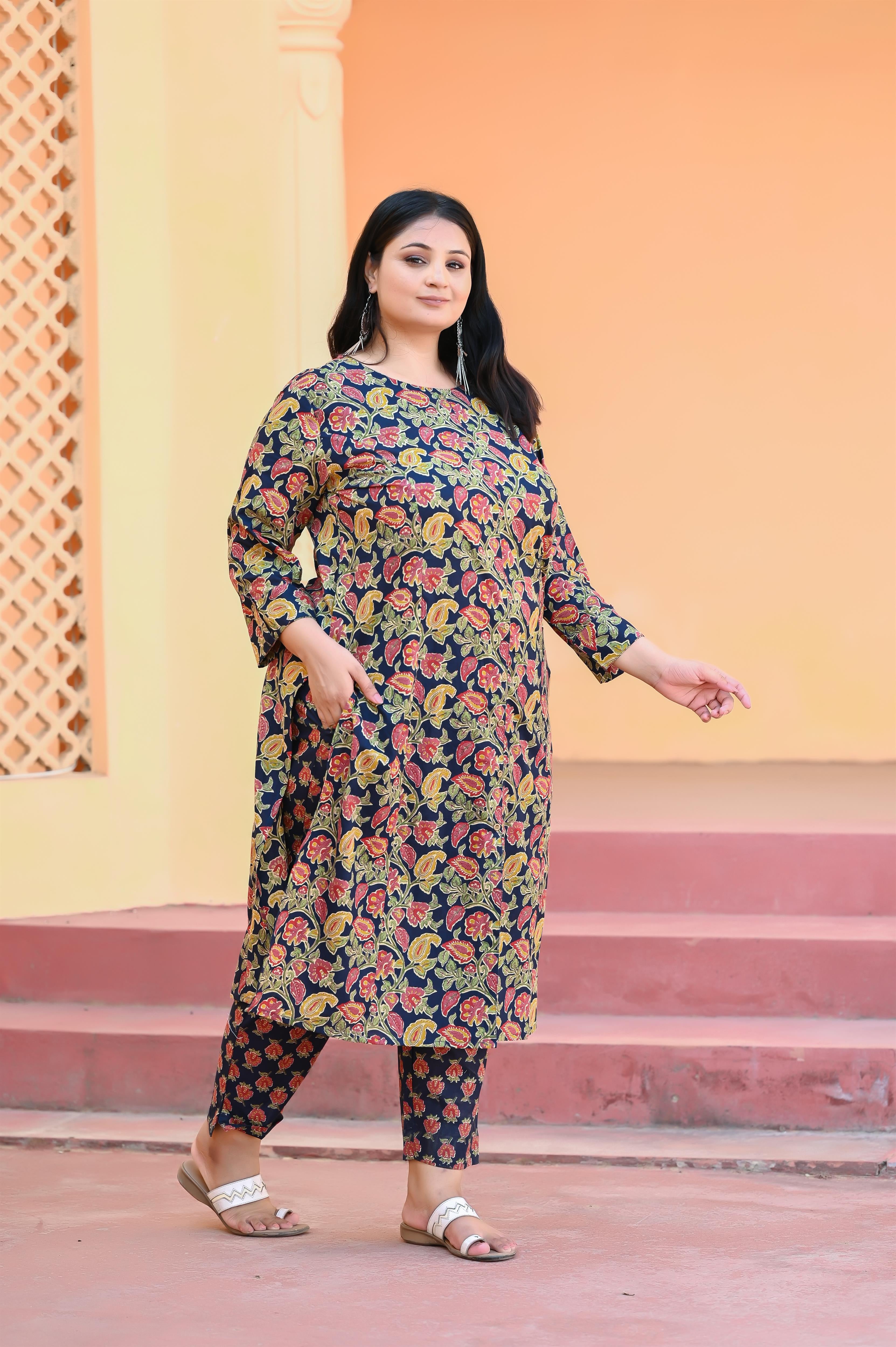 Navy Blue Kalamkari Printed A Line Kurta -Pant