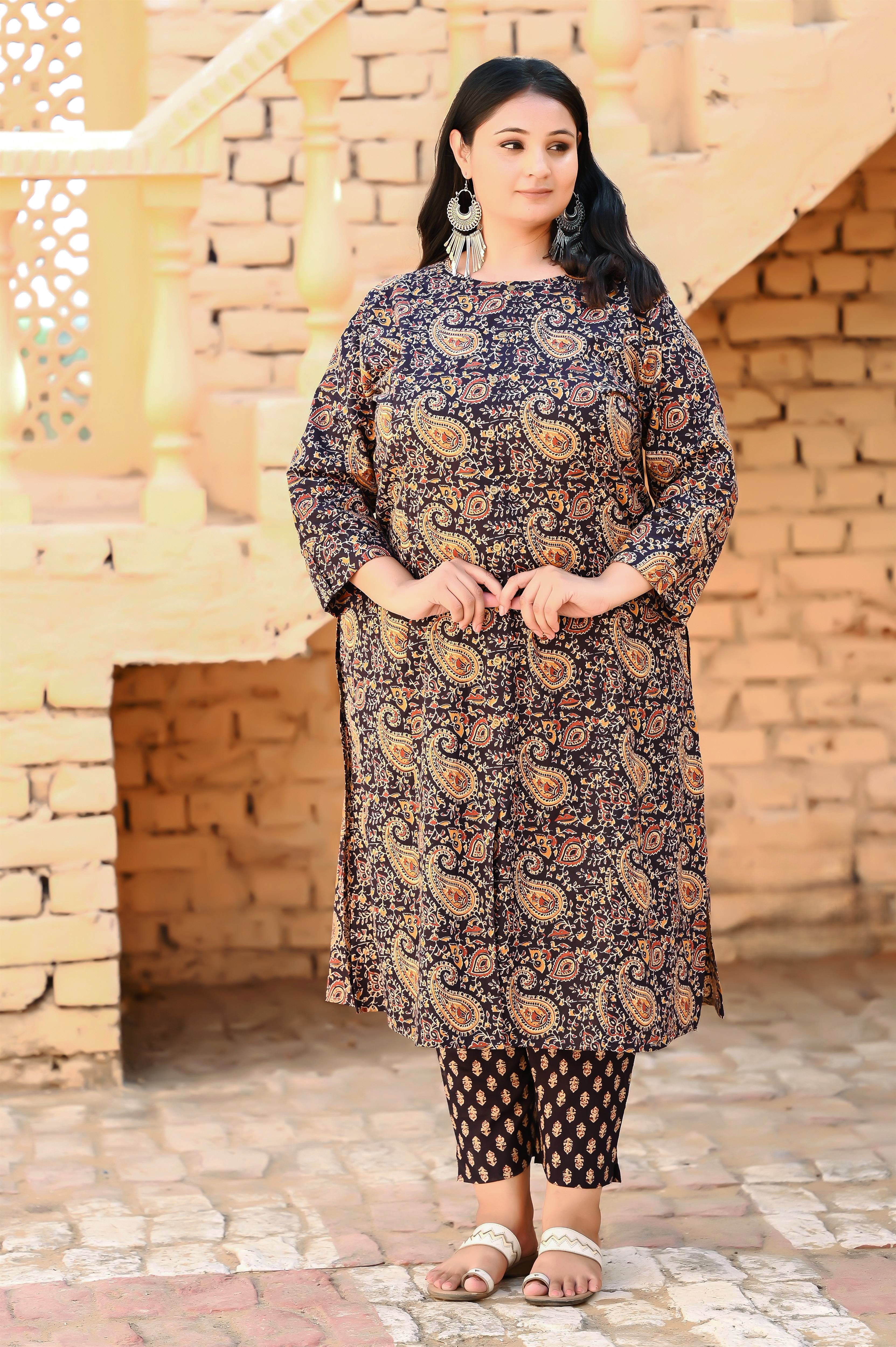 Plus size dark blue kalamkari printed kurta pant