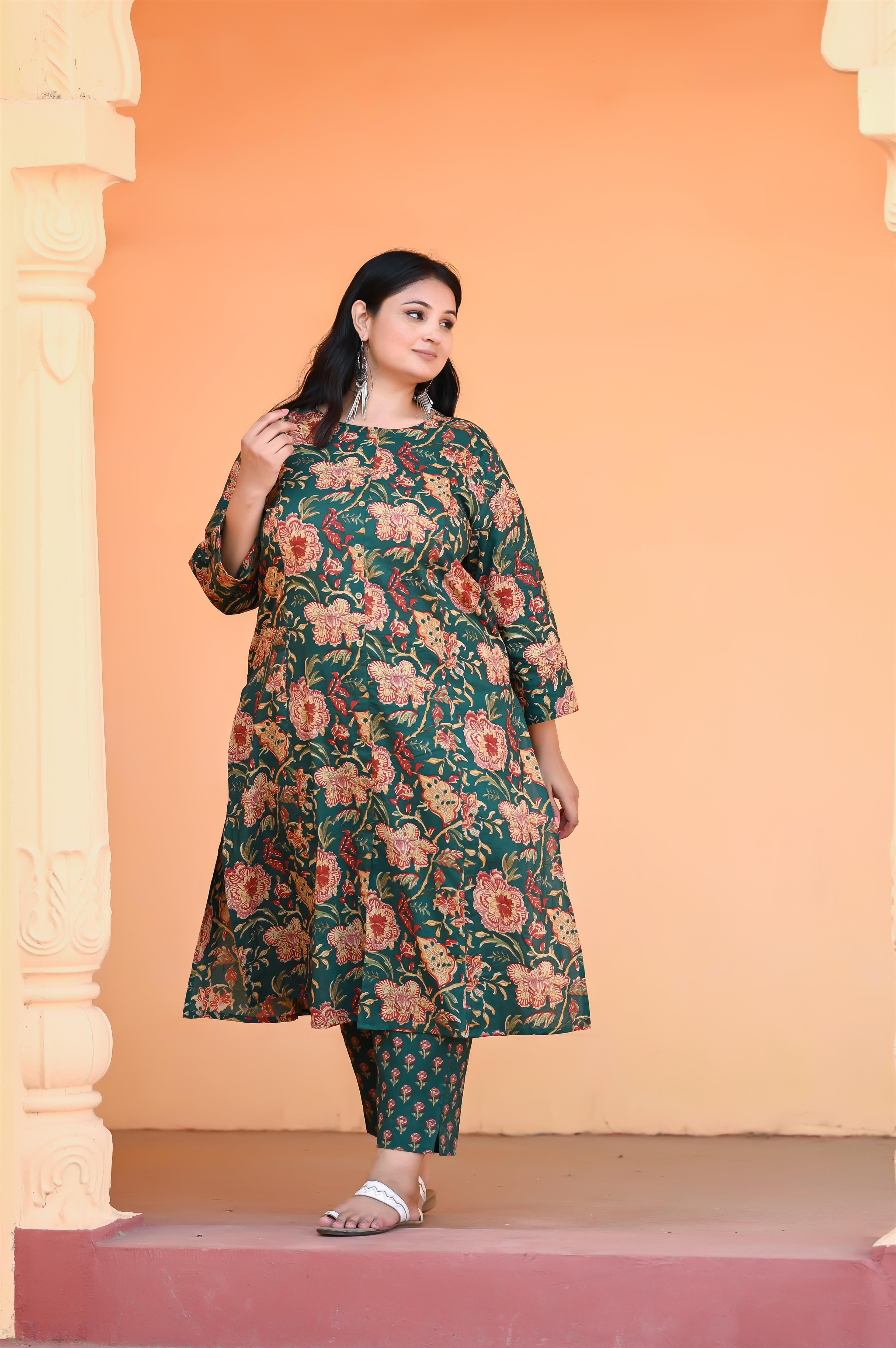 Green Kalamkari Hand Block Printed A Line Kurta-Pant
