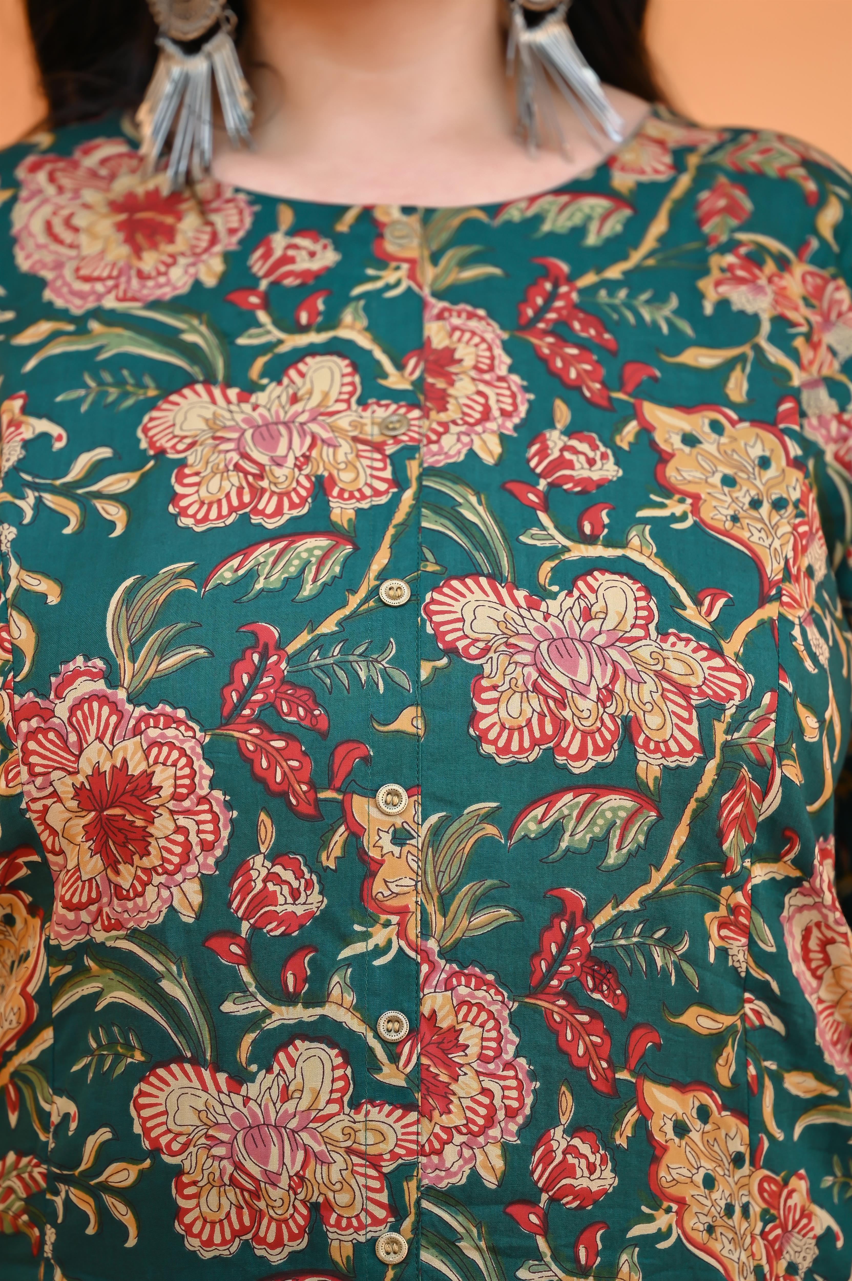 Green Kalamkari Hand Block Printed A Line Kurta-Pant