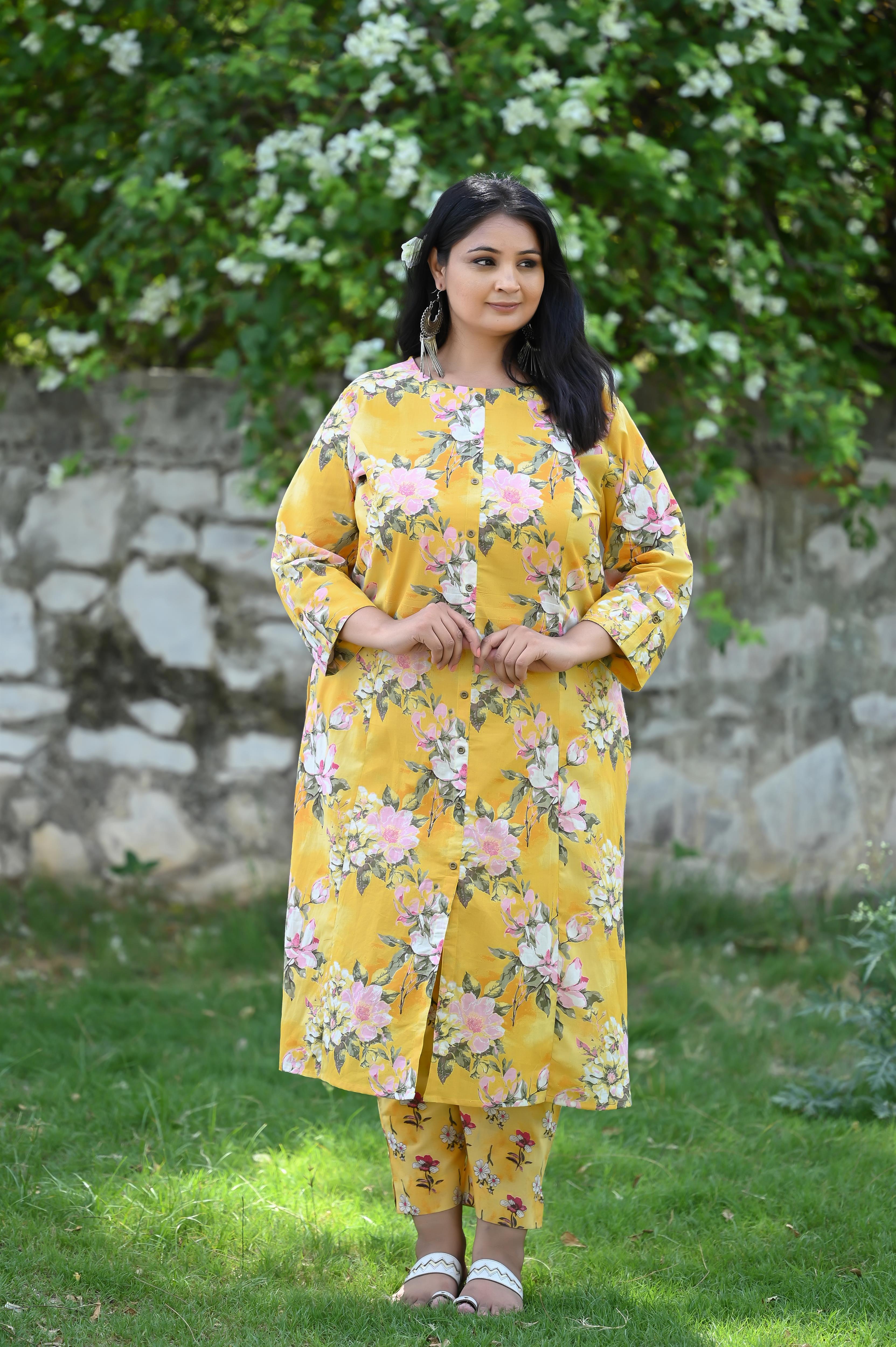 Yellow-Pink Floral Printed A Line Kurta-Pant