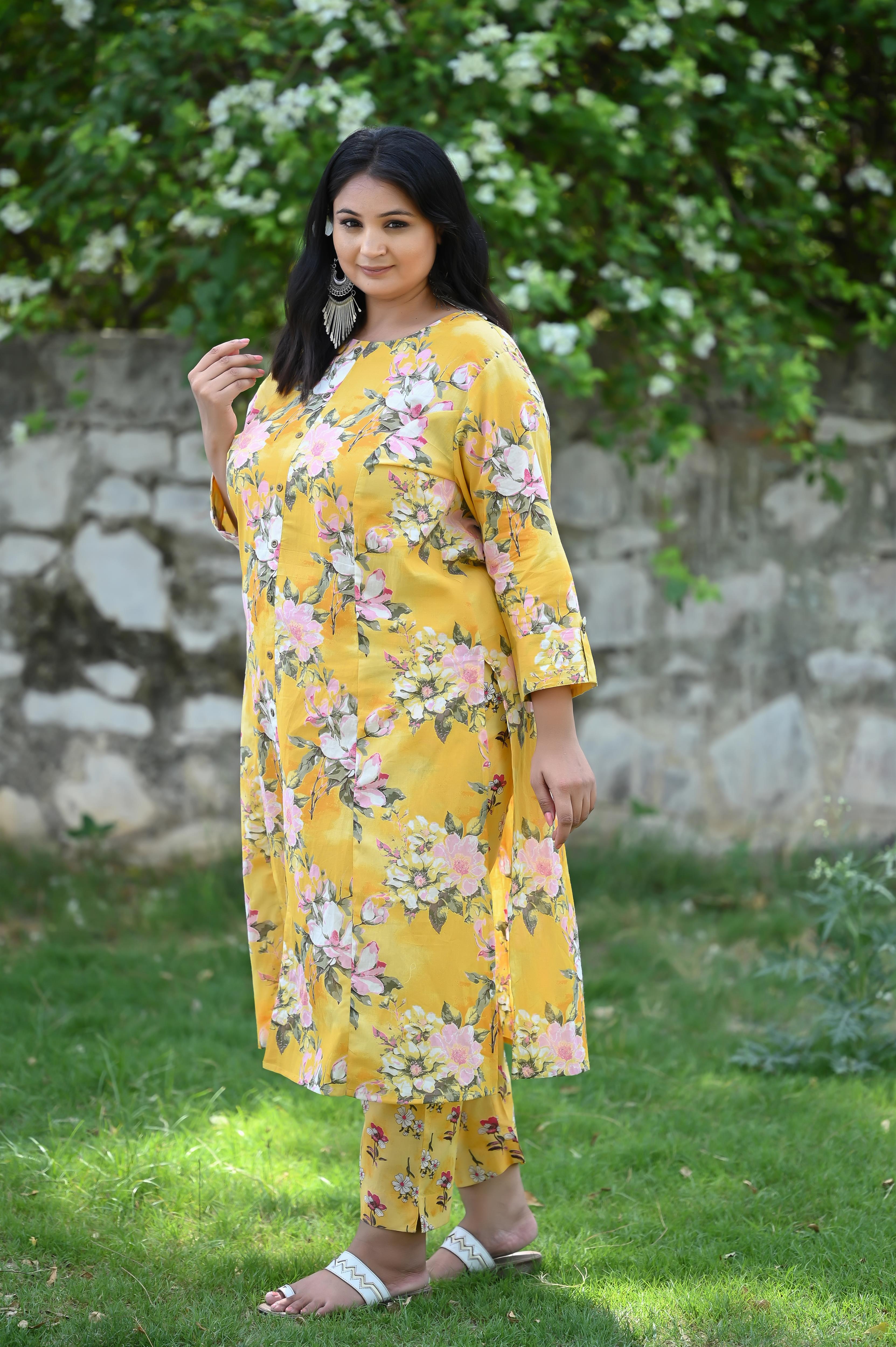 Yellow-Pink Floral Printed A Line Kurta-Pant