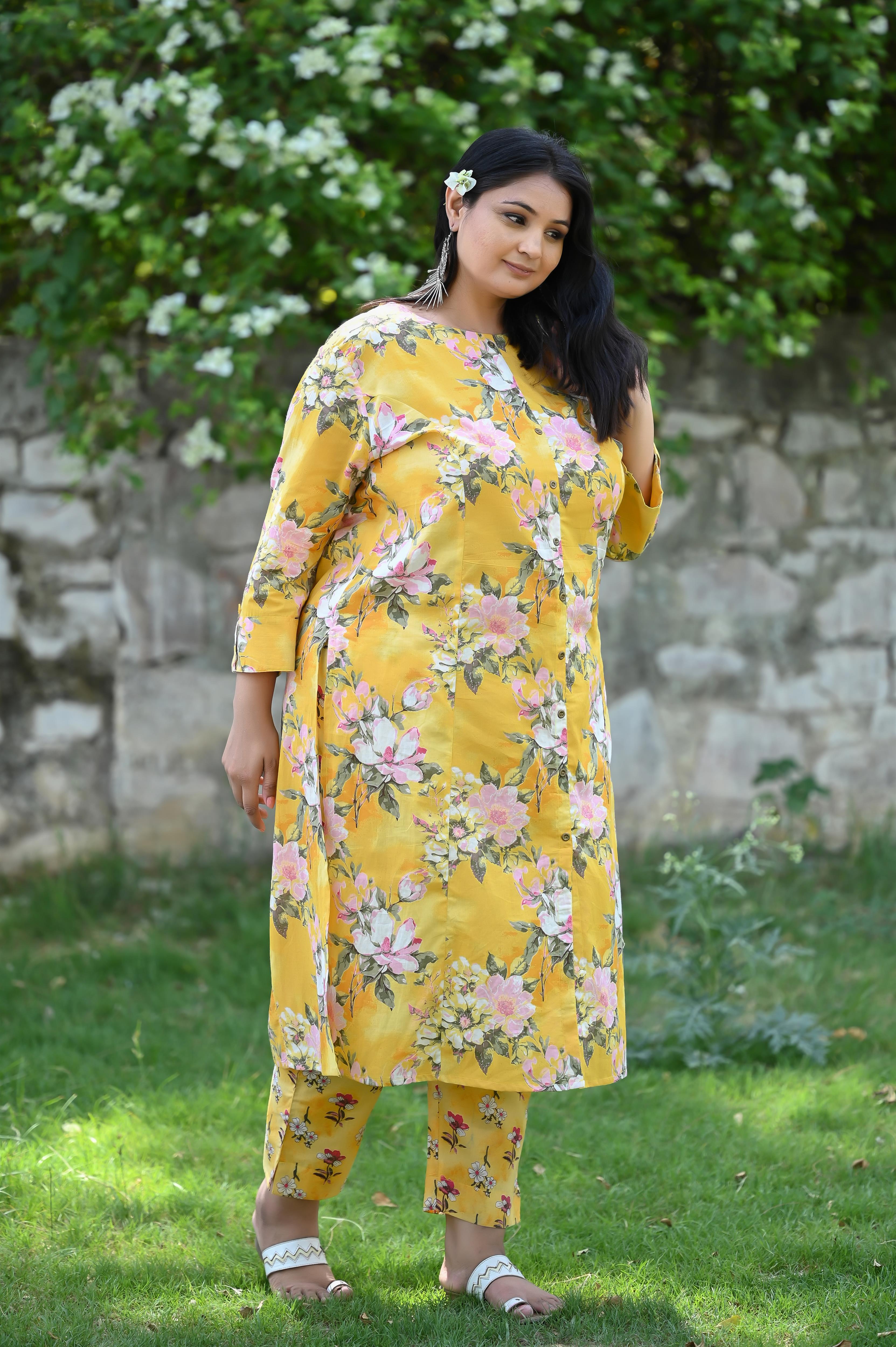 Yellow-Pink Floral Printed A Line Kurta-Pant