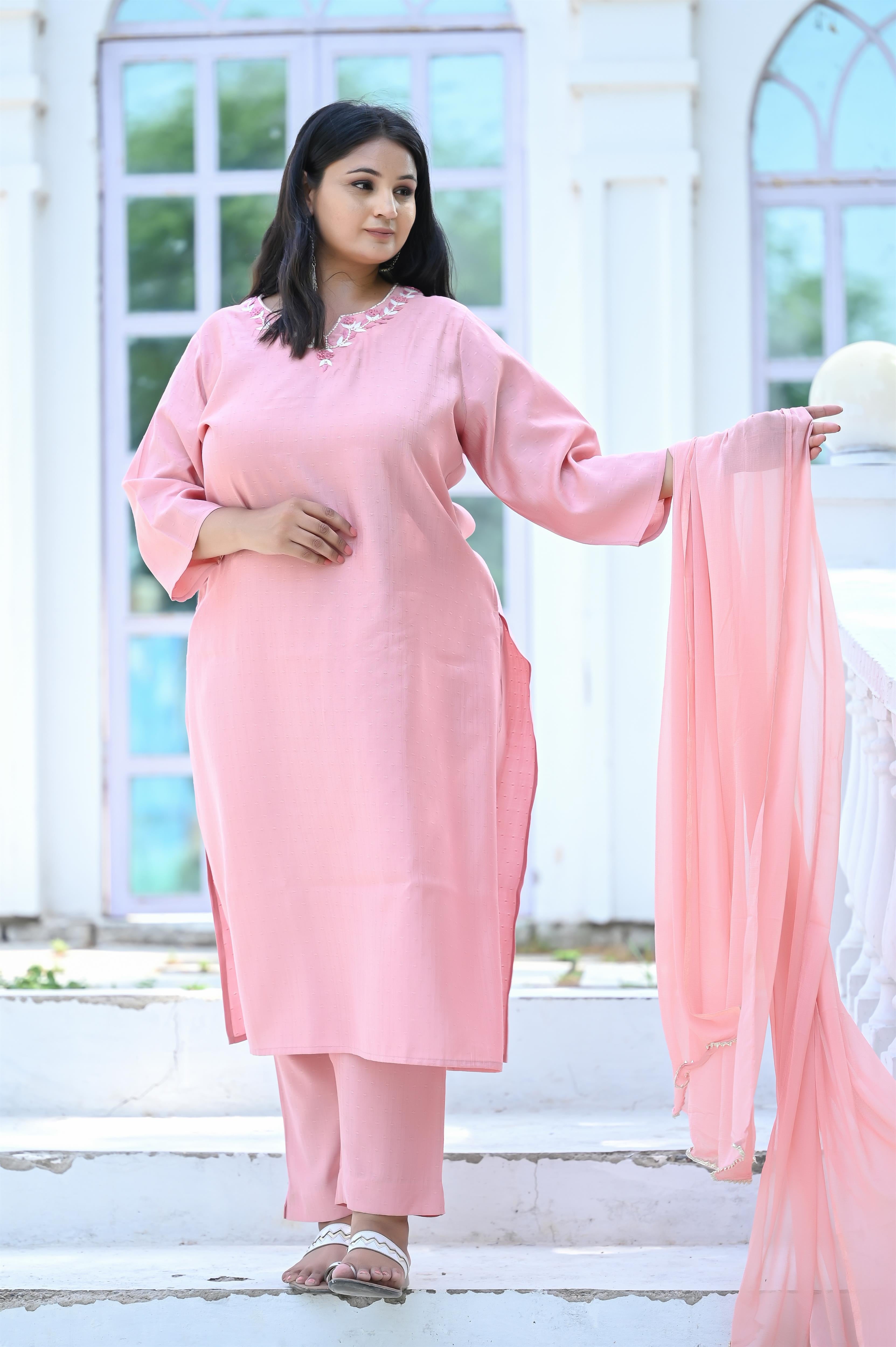 Peach Color Handwork Embroidered Chanderi Silk Kurta-Pant