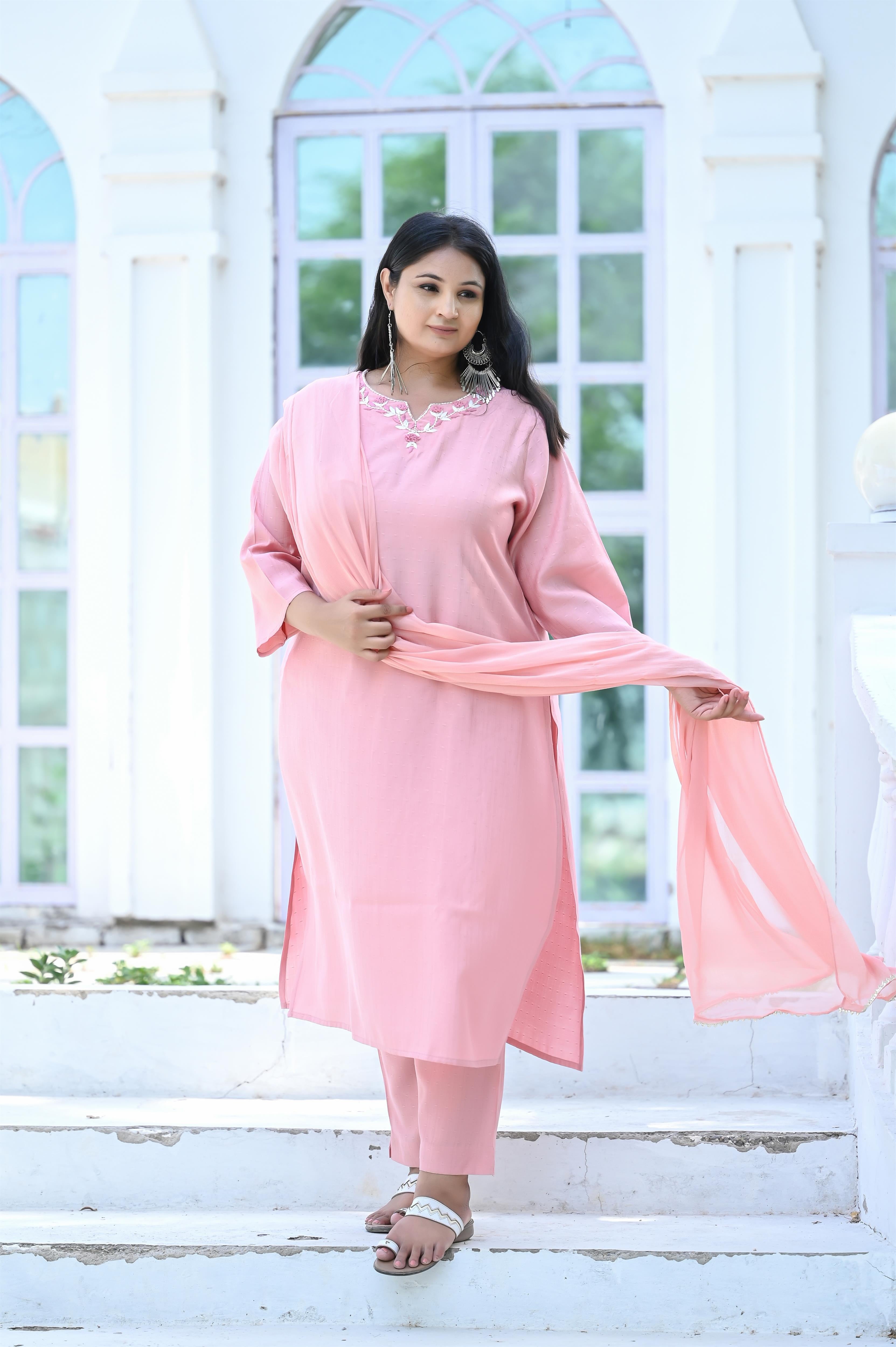Peach Color Handwork Embroidered Chanderi Silk Kurta-Pant