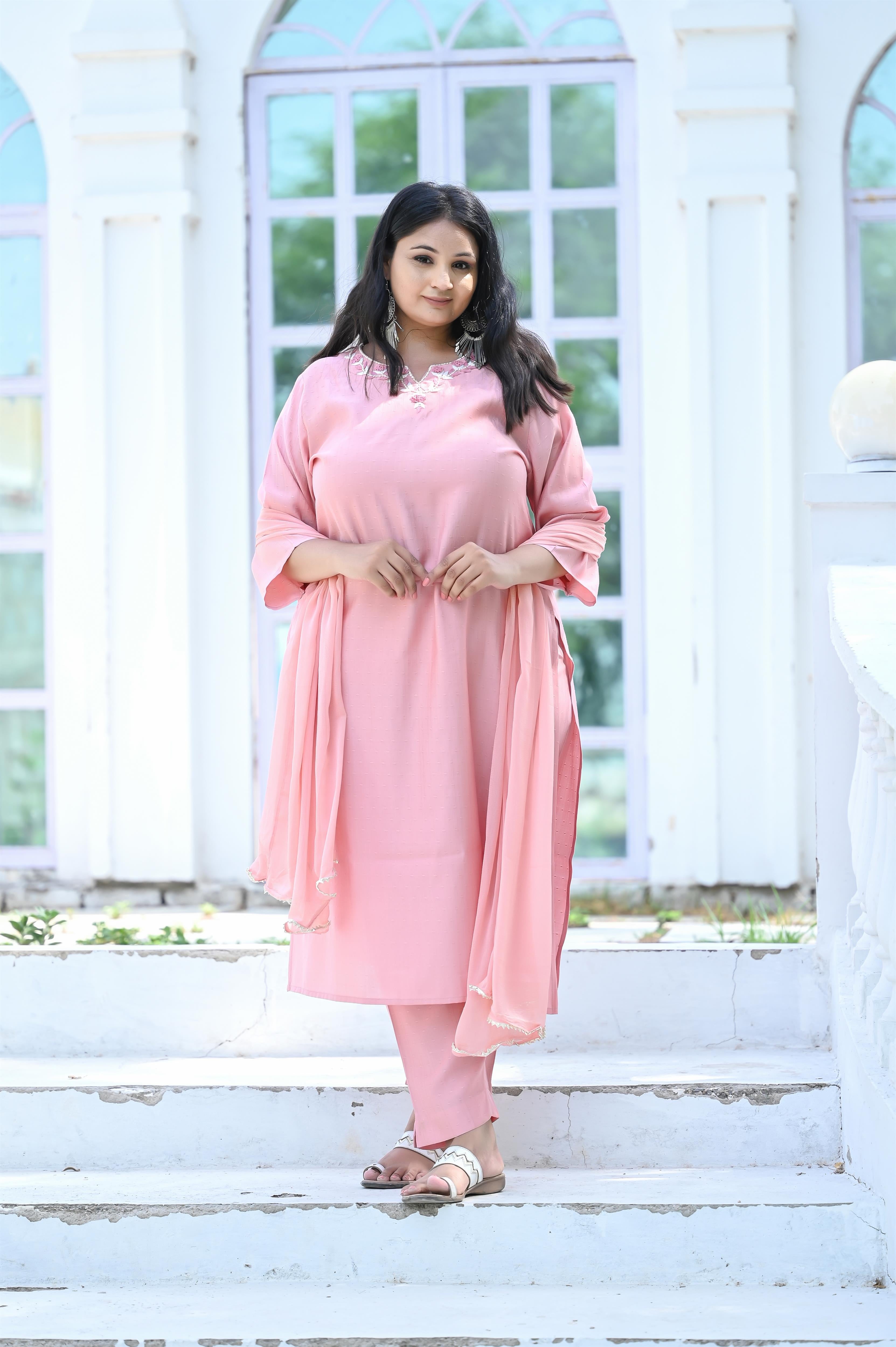 Peach Color Handwork Embroidered Chanderi Silk Kurta-Pant