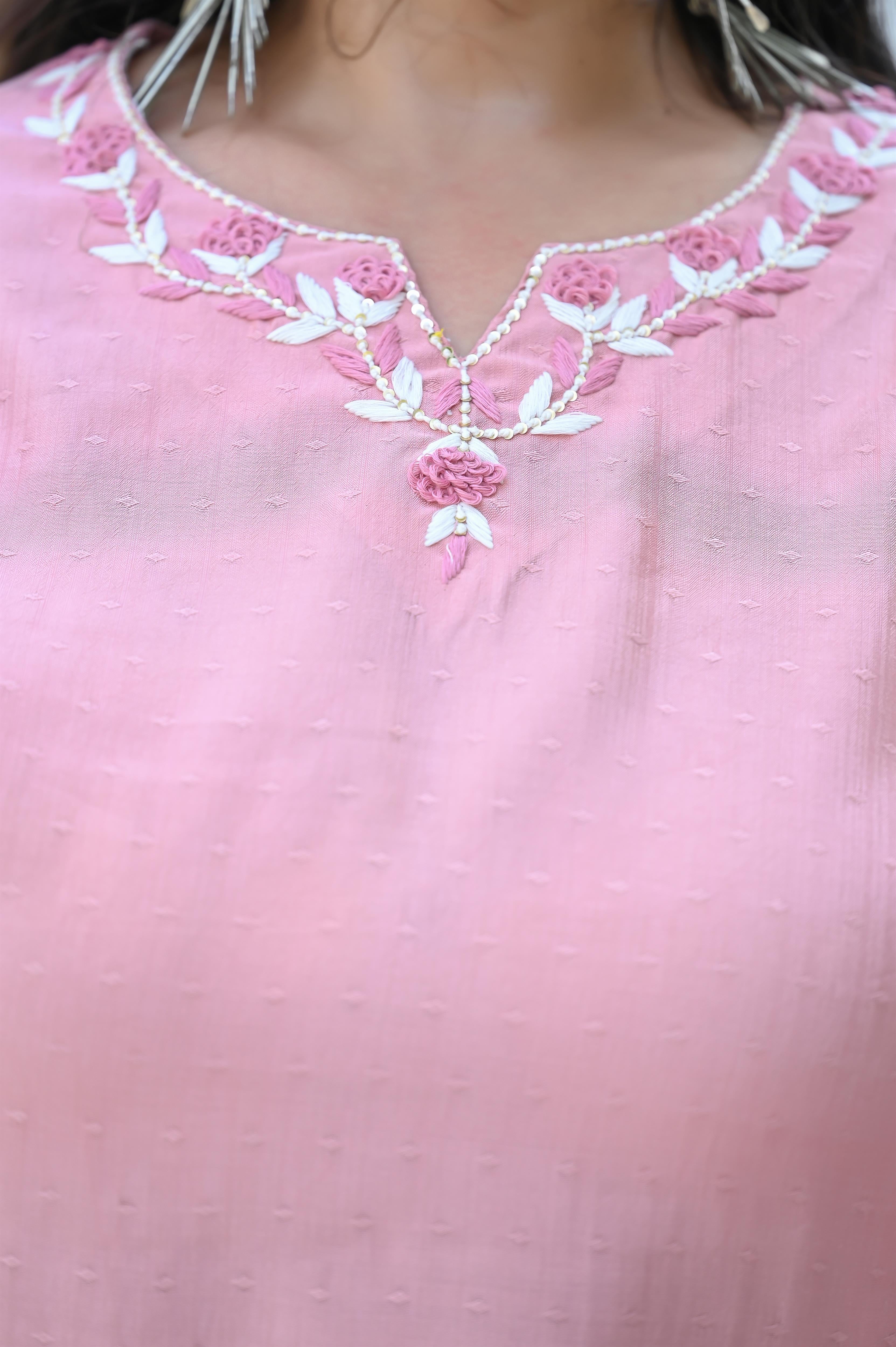 Peach Color Handwork Embroidered Chanderi Silk Kurta-Pant